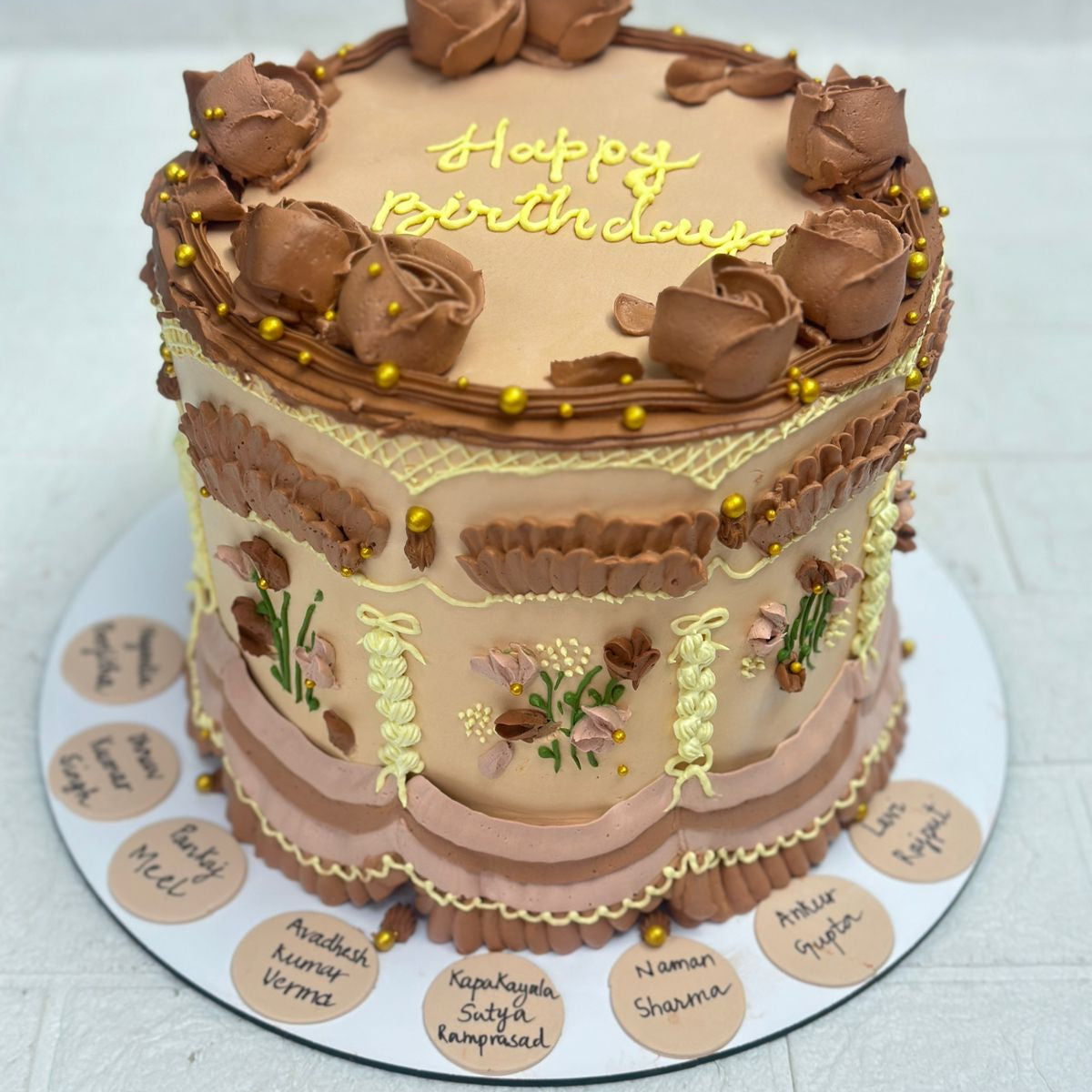 Elegant Floral Birthday Cake with Personalized Names – Bento Cakes Noida