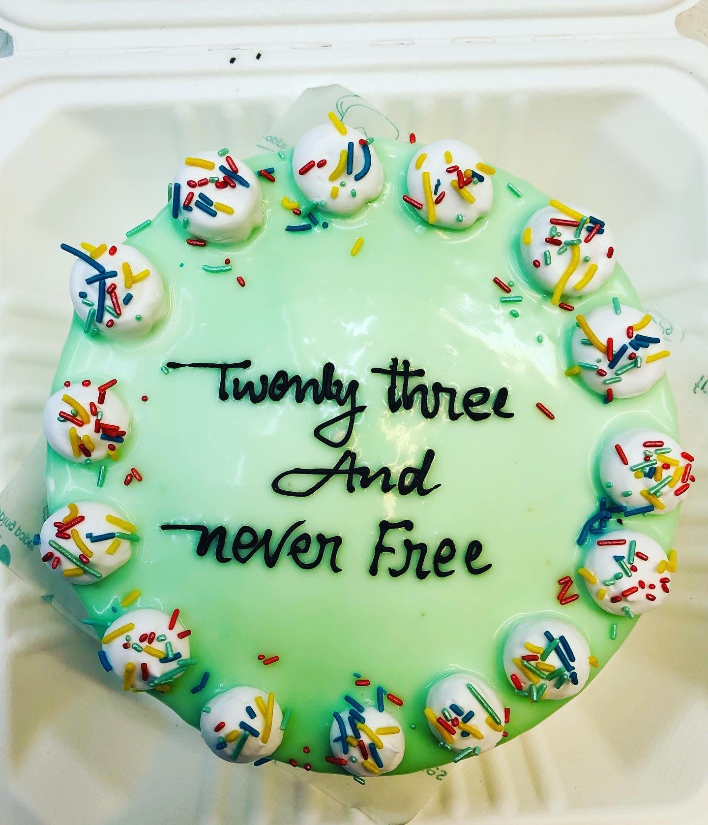 A round, green-frosted birthday cake with white dollops of icing topped with colorful sprinkles around the edge. The cake has the message 'Twenty three And never Free' written in black icing.