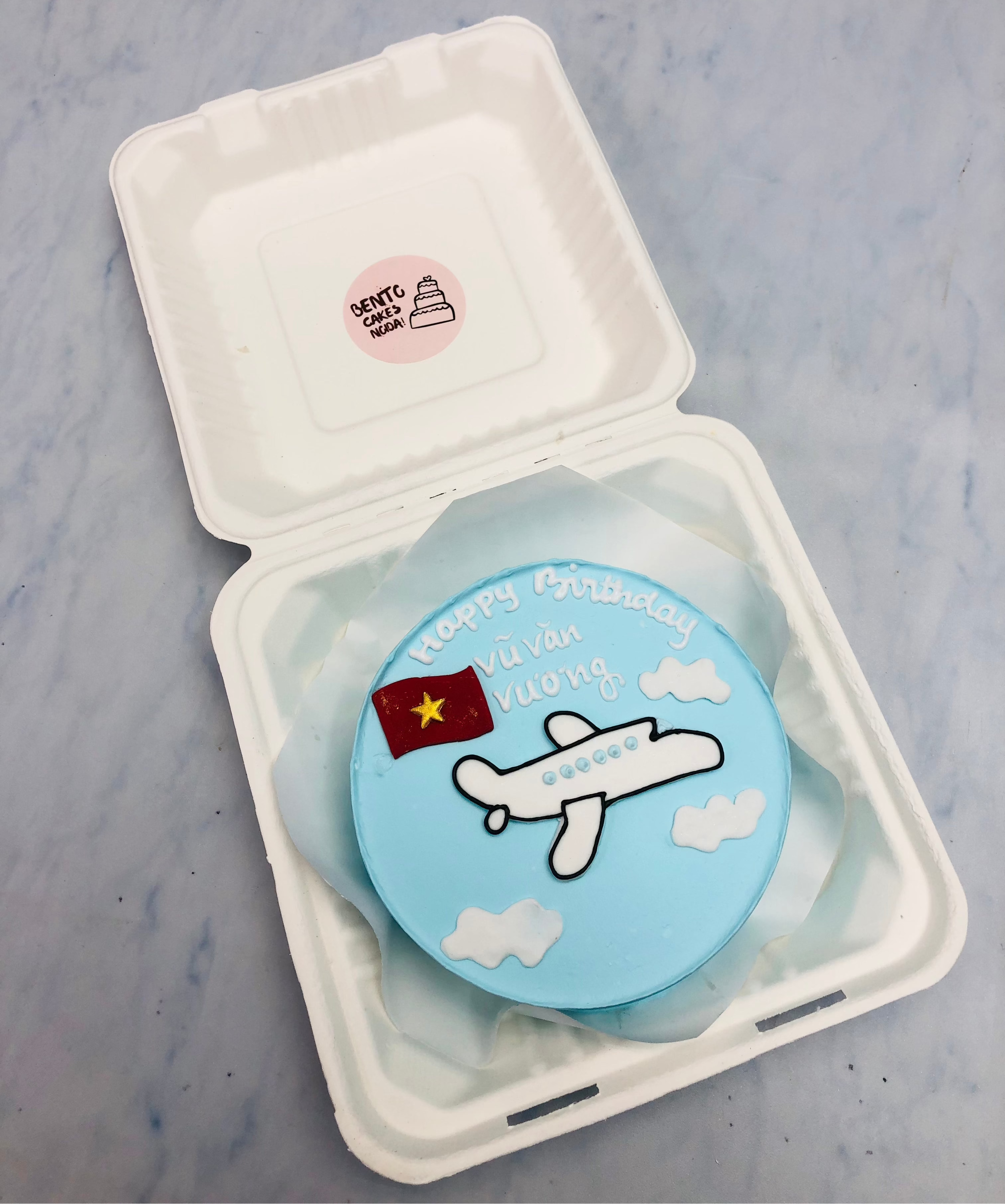 A skyblue bento cake having a flight travling from china.