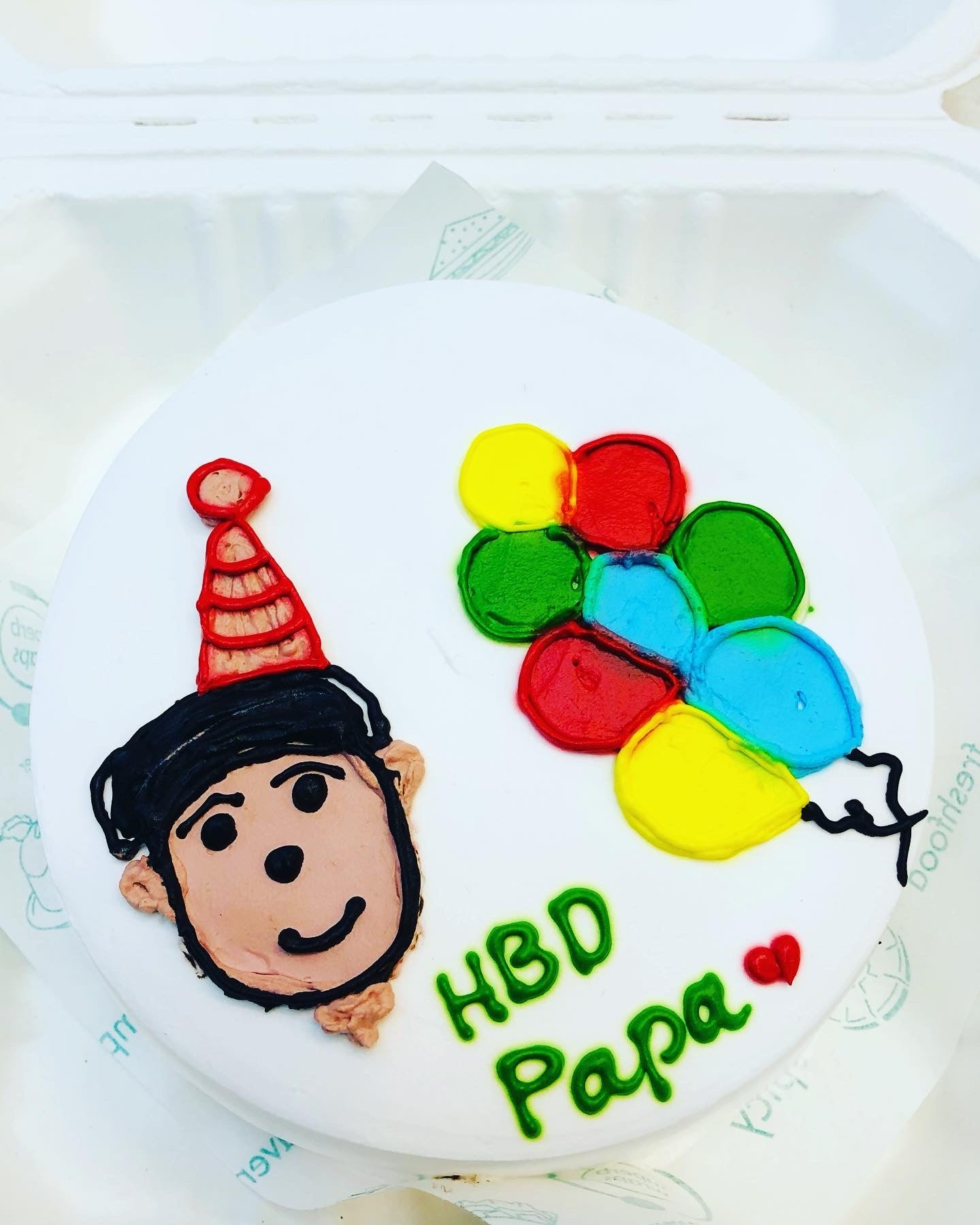 A white bento cake having design of a men wearing birthday cap and with colorful balloons.