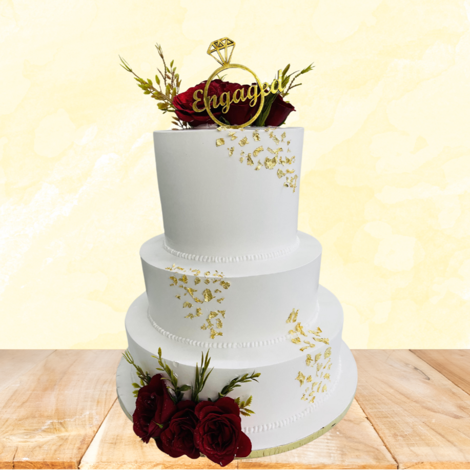 White Engagement Cake with Beautiful Roses