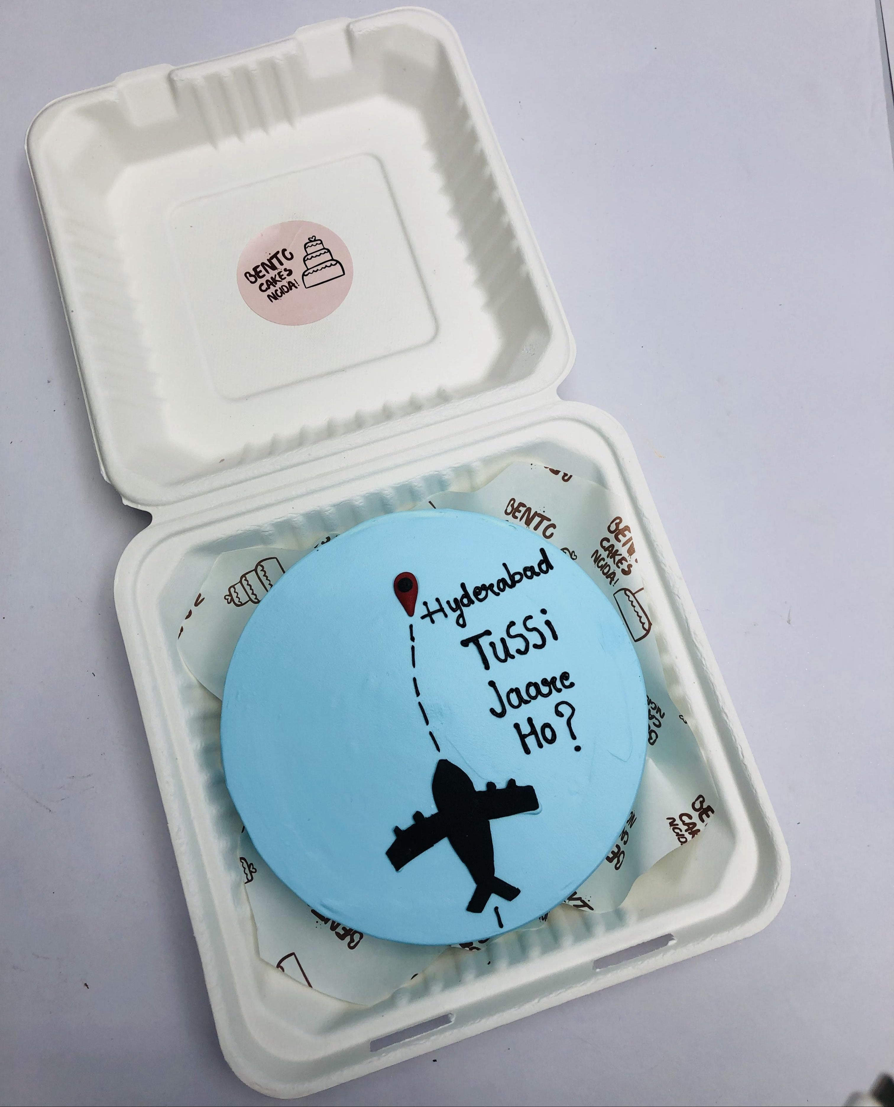 A light blue bento cake showing a person travelling to Hyderabad.