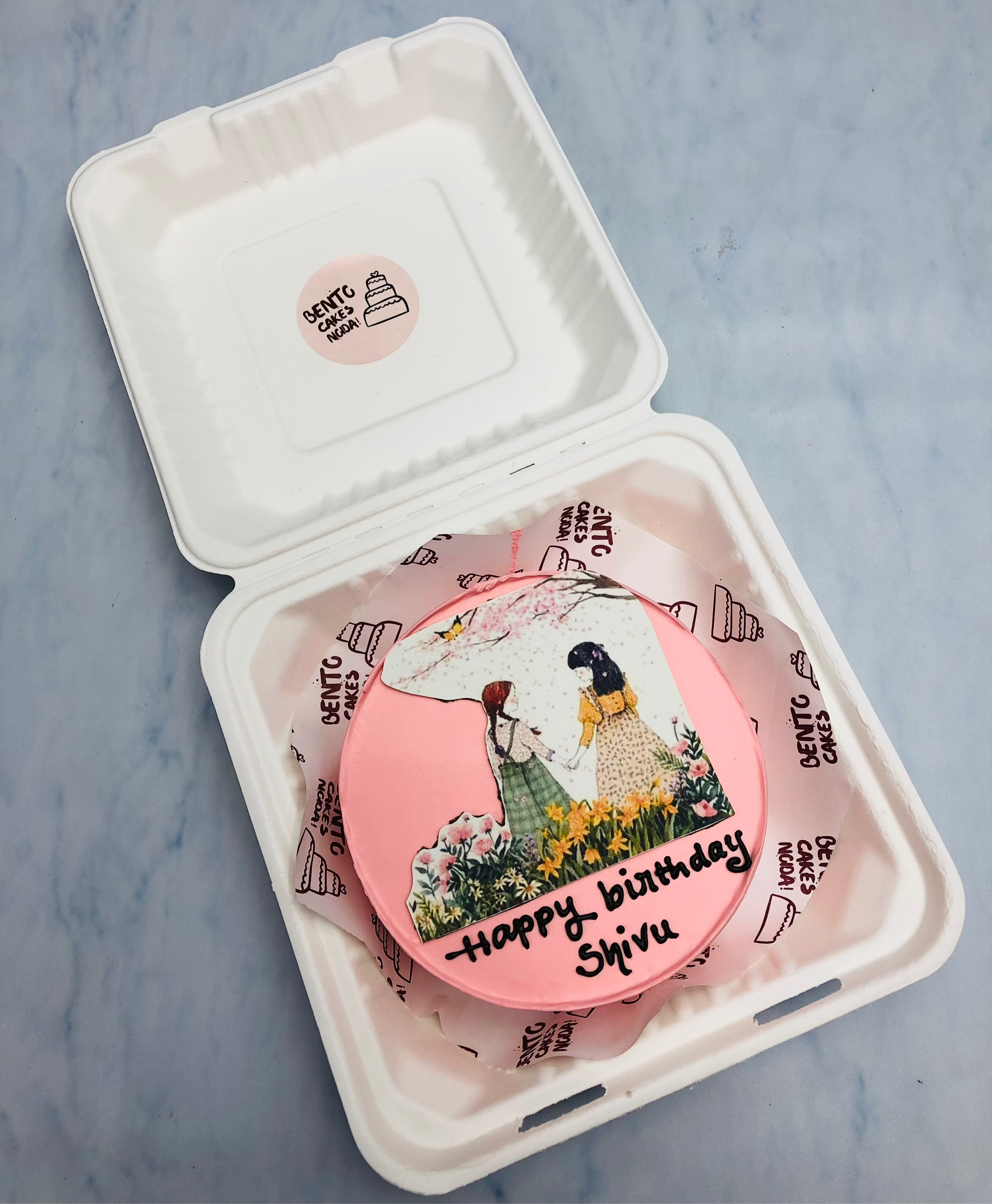 A pink bento cake having 2 friends together in garden print.