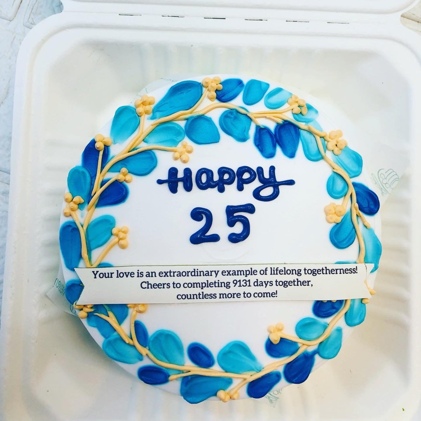 A delightful birthday cake showcasing the phrase "Happy 25th" in elegant icing, perfect for a milestone celebration.