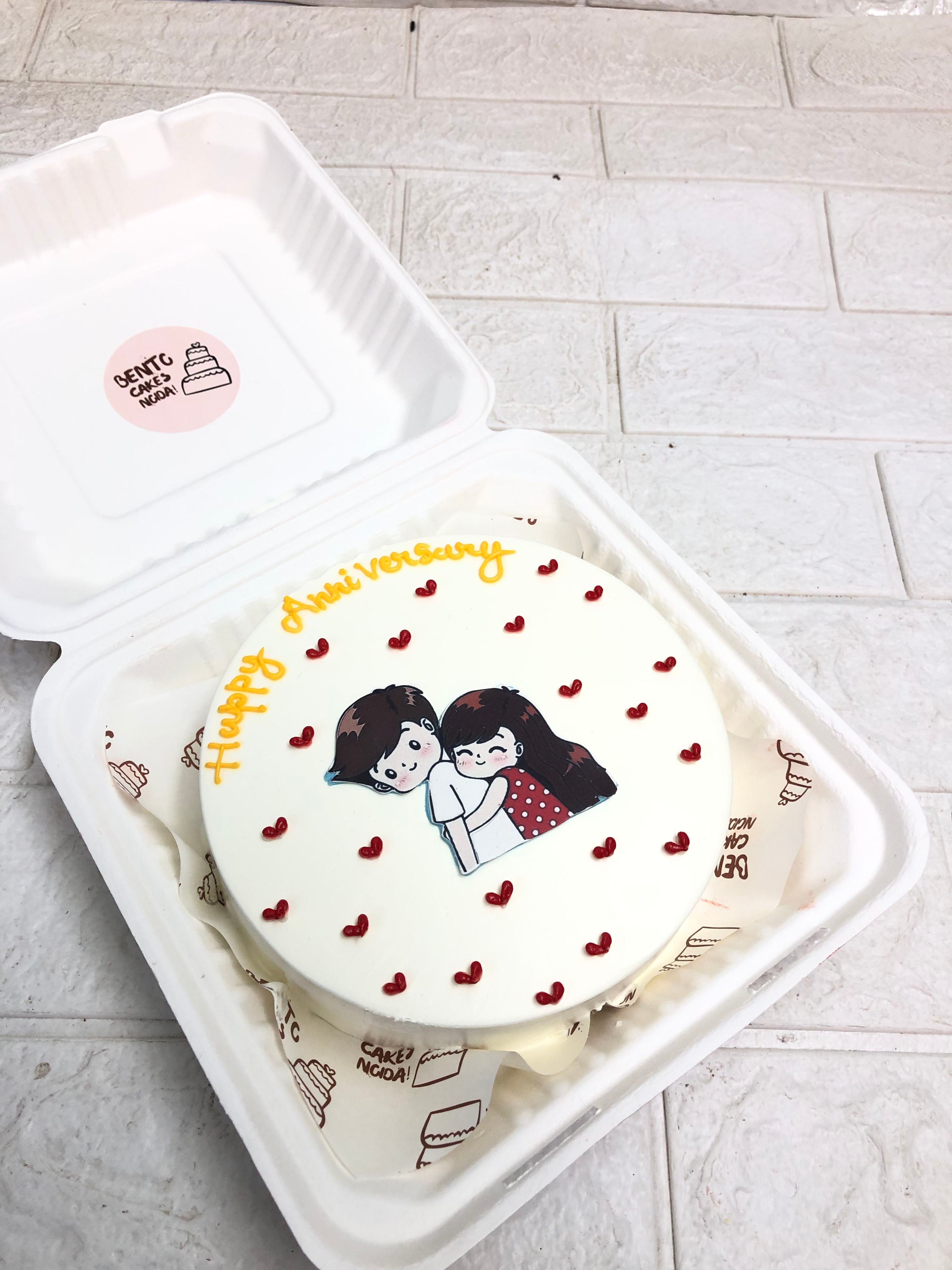 Happy Anniversary Bento Cake with Cute Couple Illustration