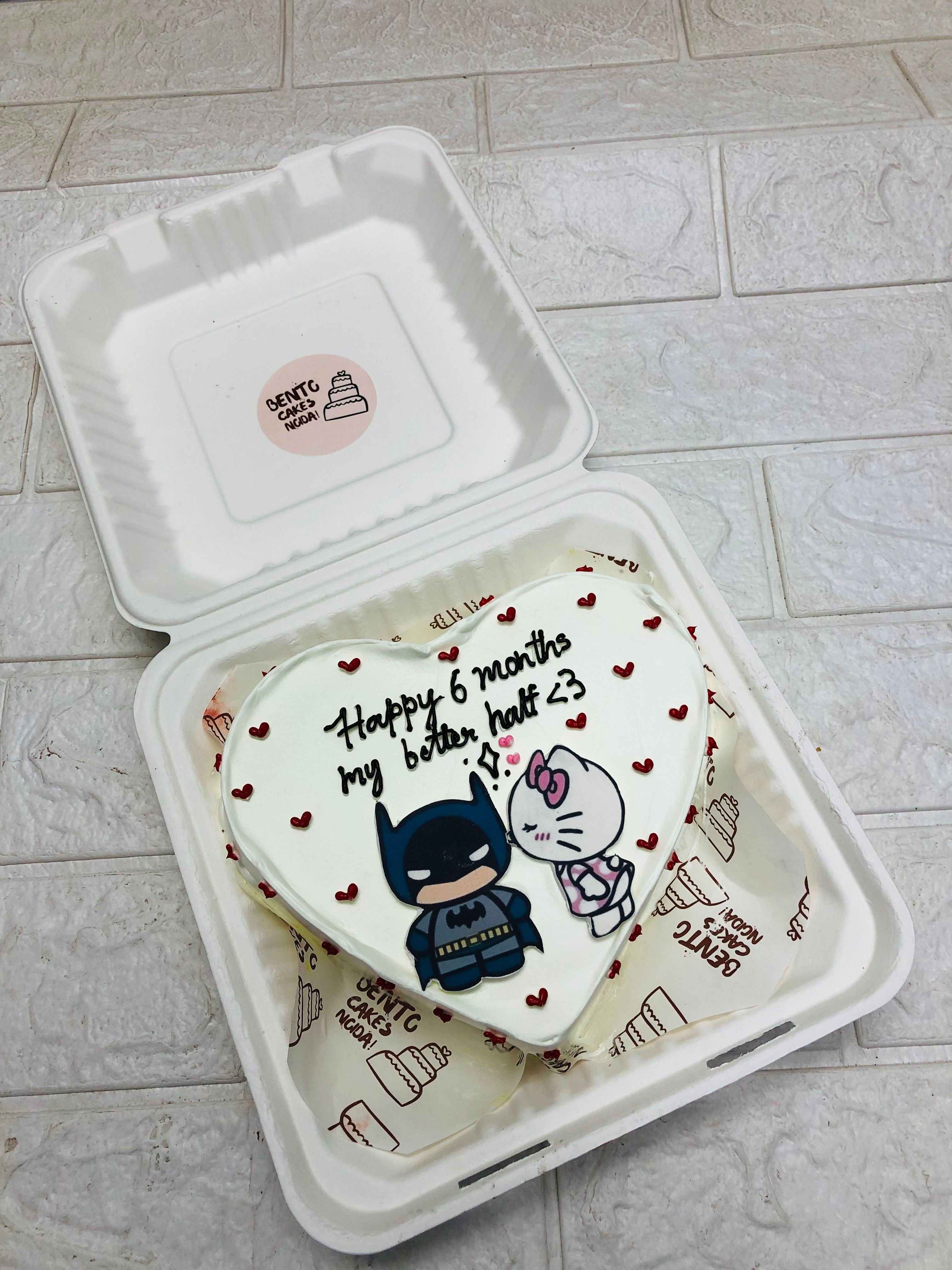 Heart-Shaped Bento Cake with Batman and Kitty in a box