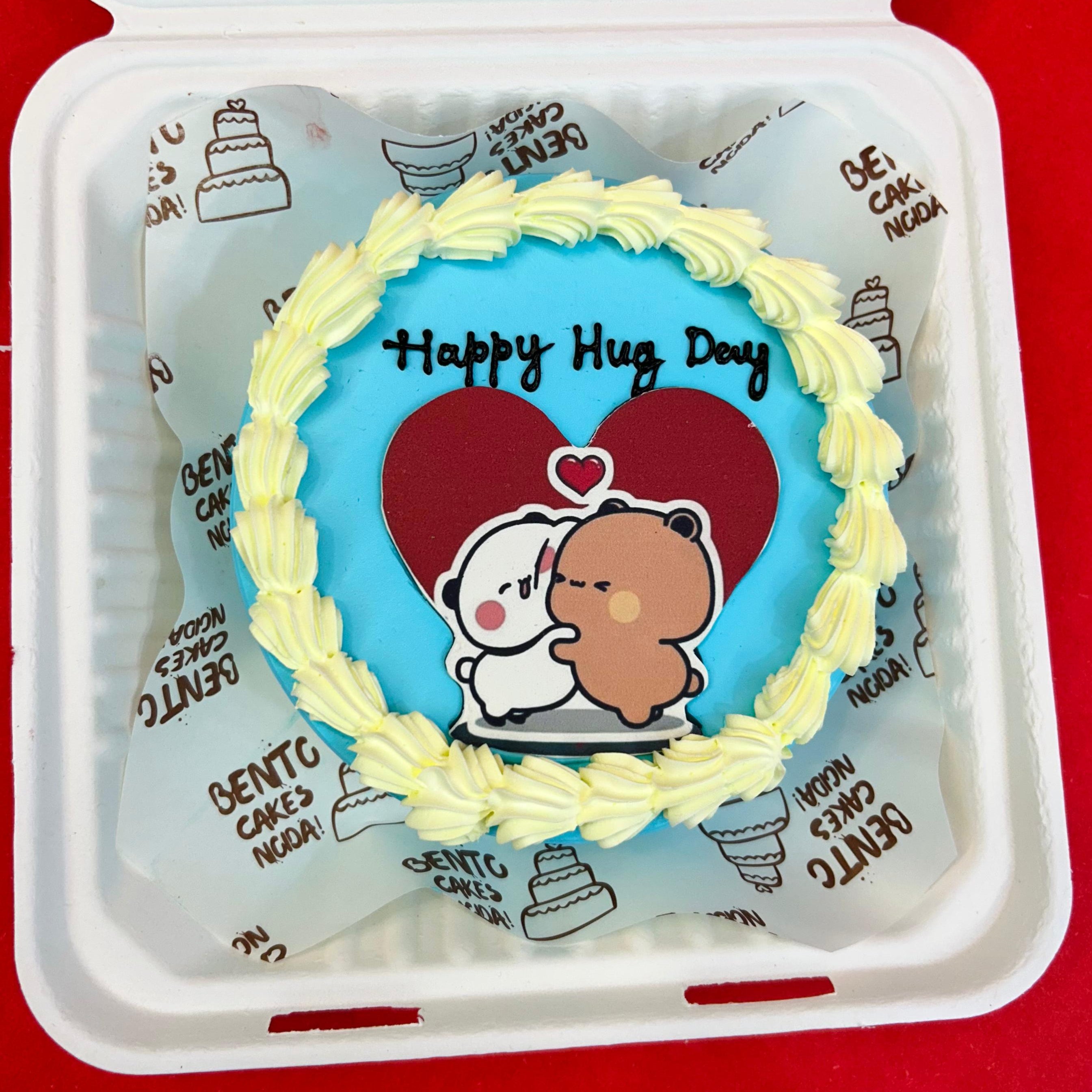 A colorful box of cupcakes featuring the Bubu Dudu cartoon character, perfect for celebrating Hug Day with sweet treats with front view.