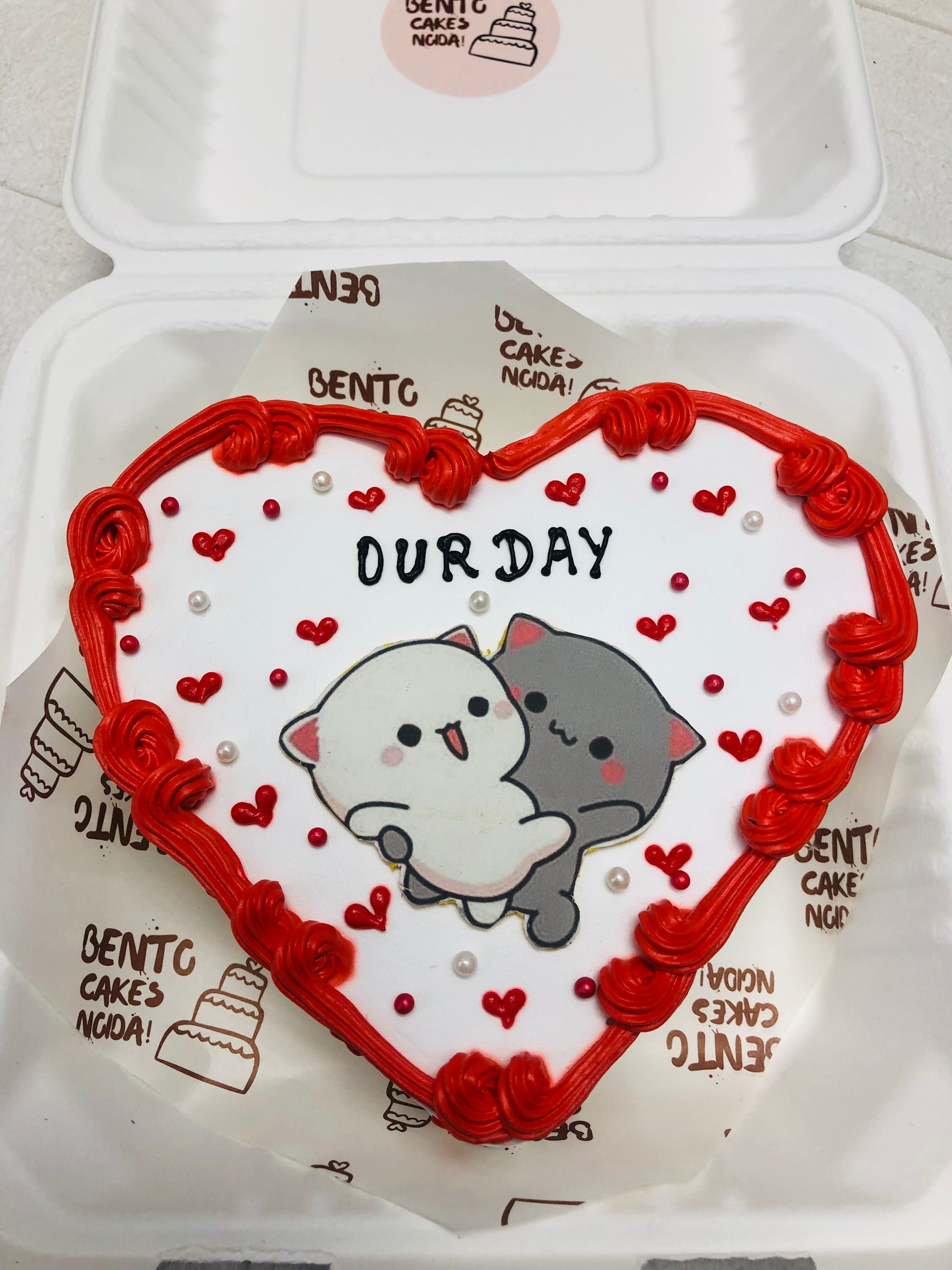 White & Red with Hugging Cats heart cake