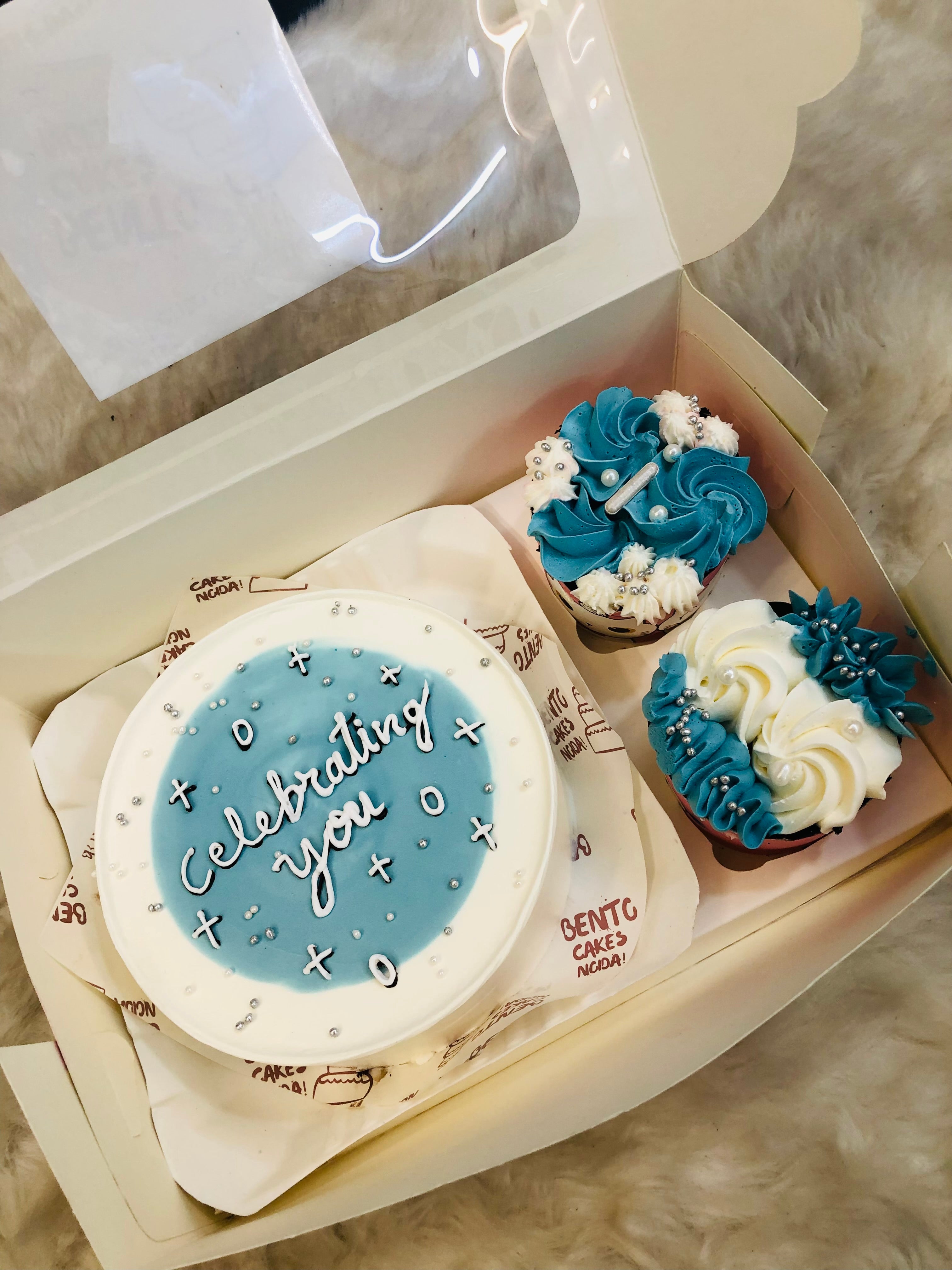 Celebration Bento Cake Set – Blue & White Theme