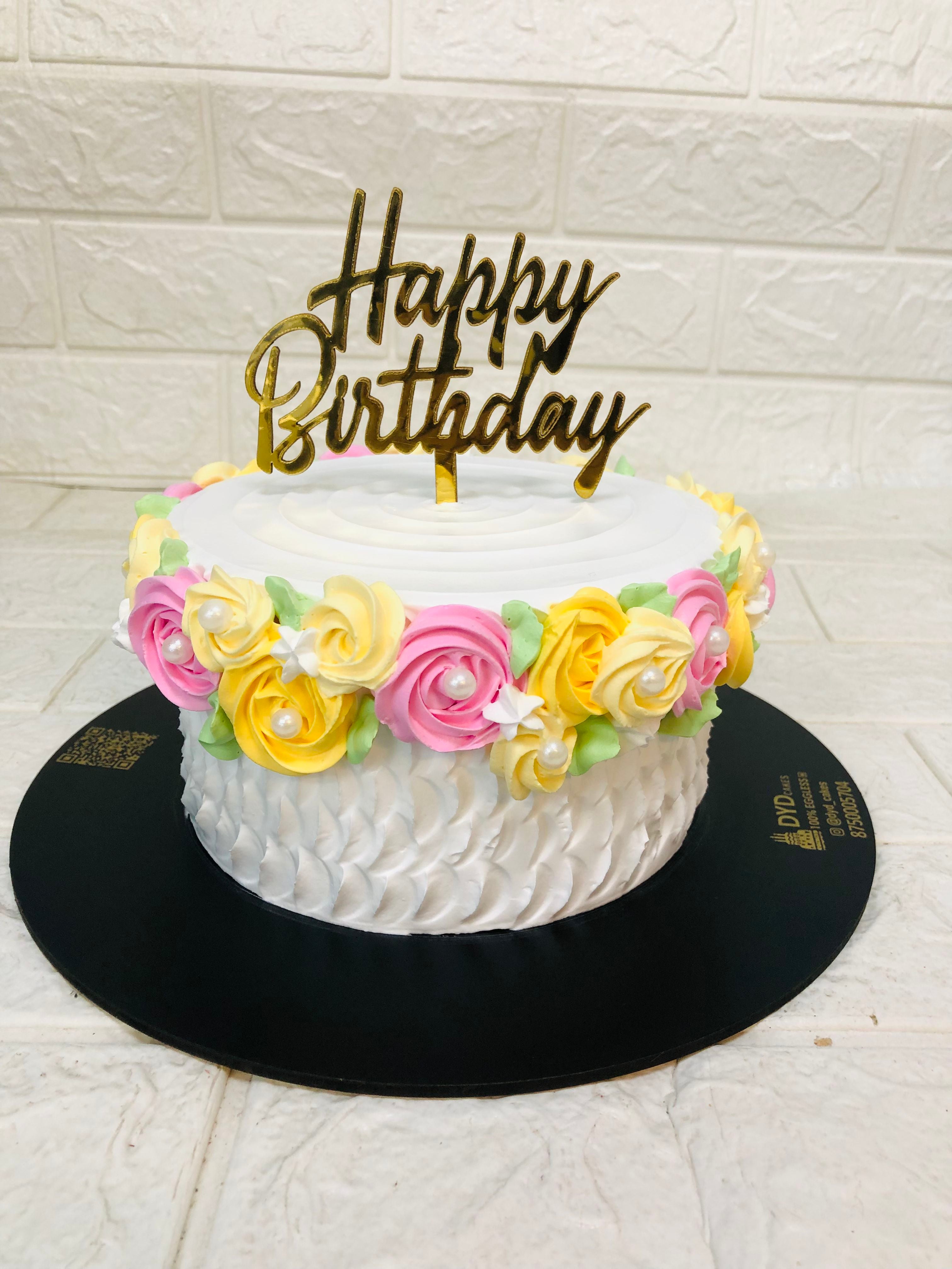 Yellow, Pink Floral Birthday Cake