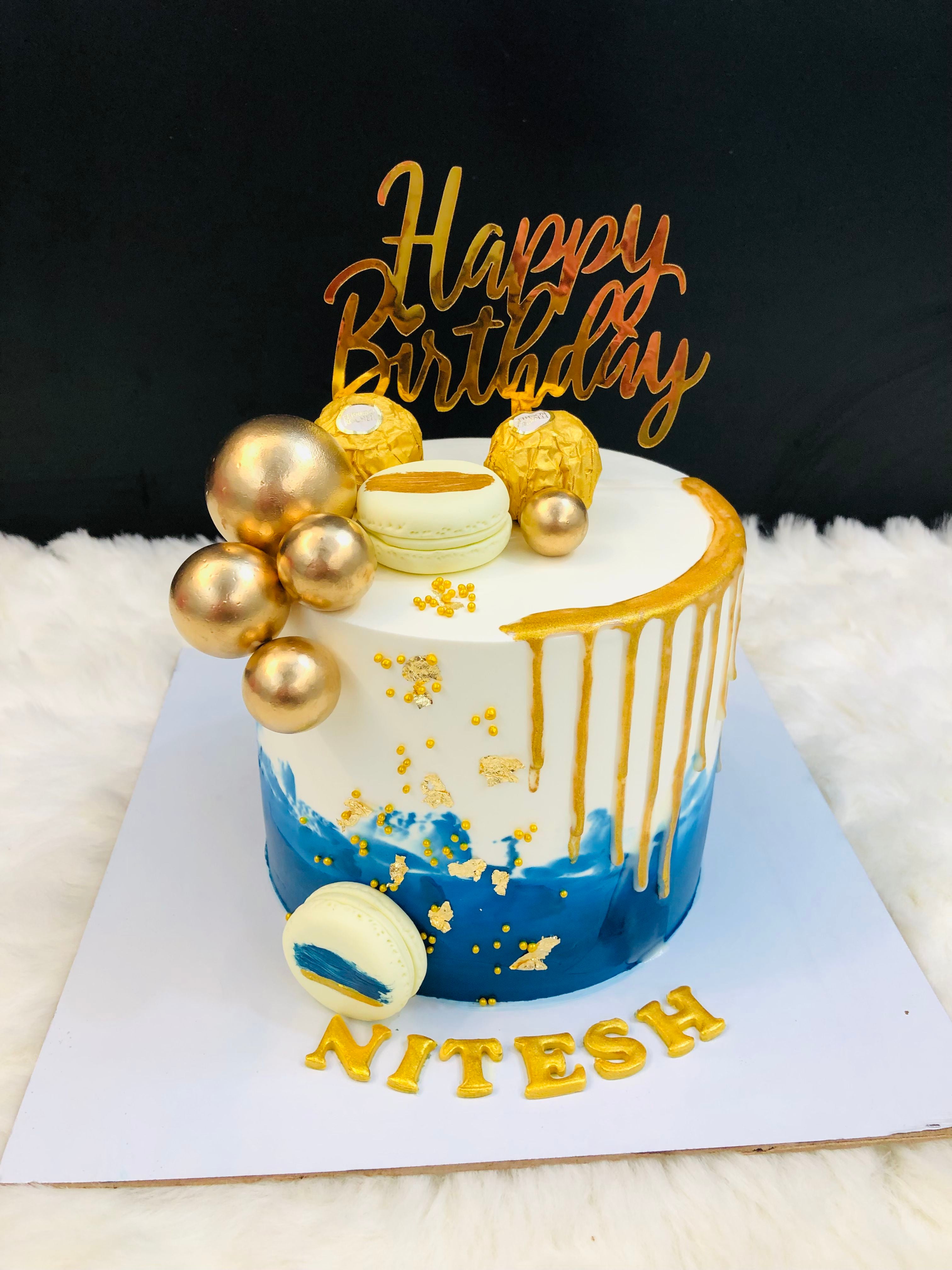 Gold Drip, Blue Accents, Macarons cake