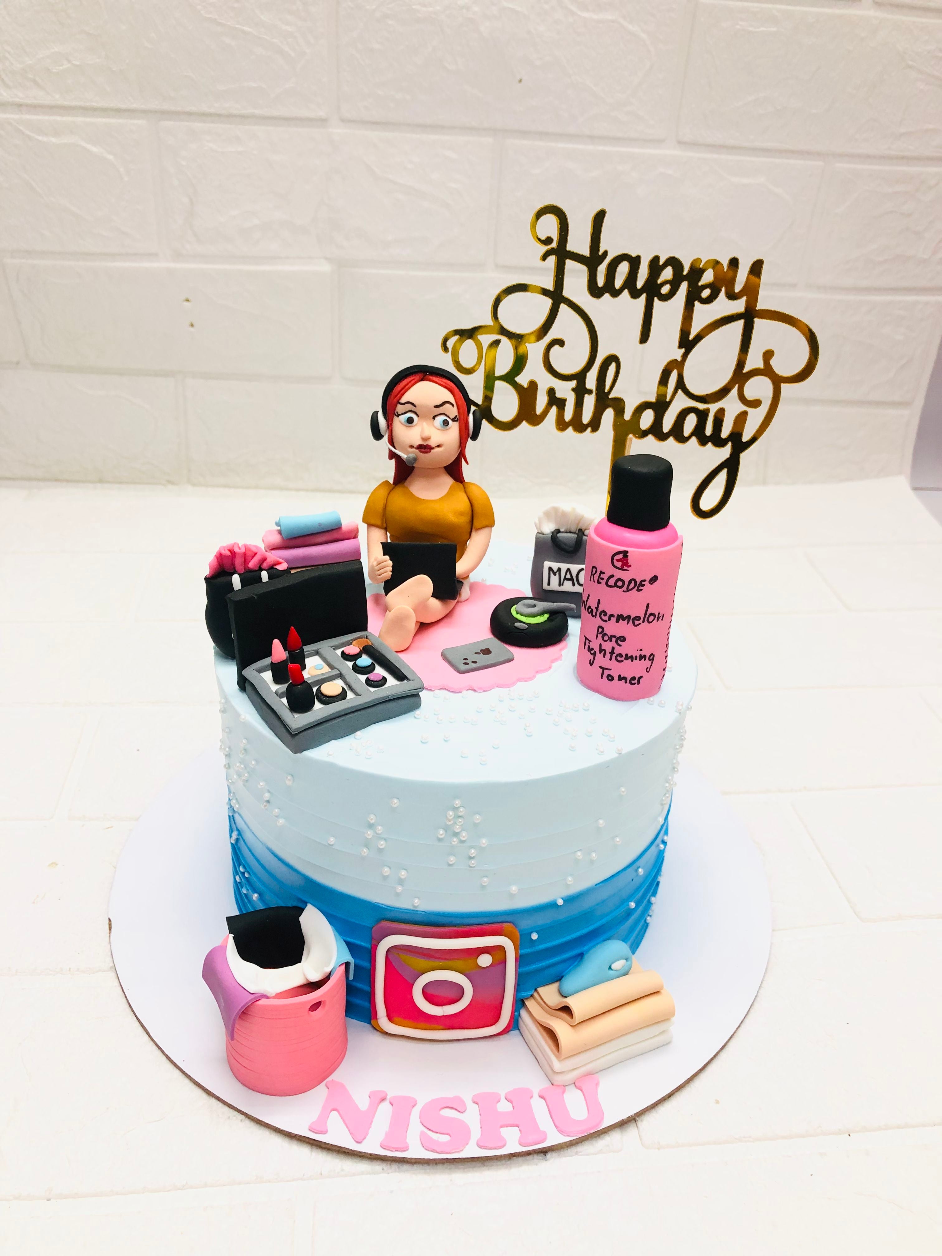 White & Blue Gradient with Makeup Theme cake