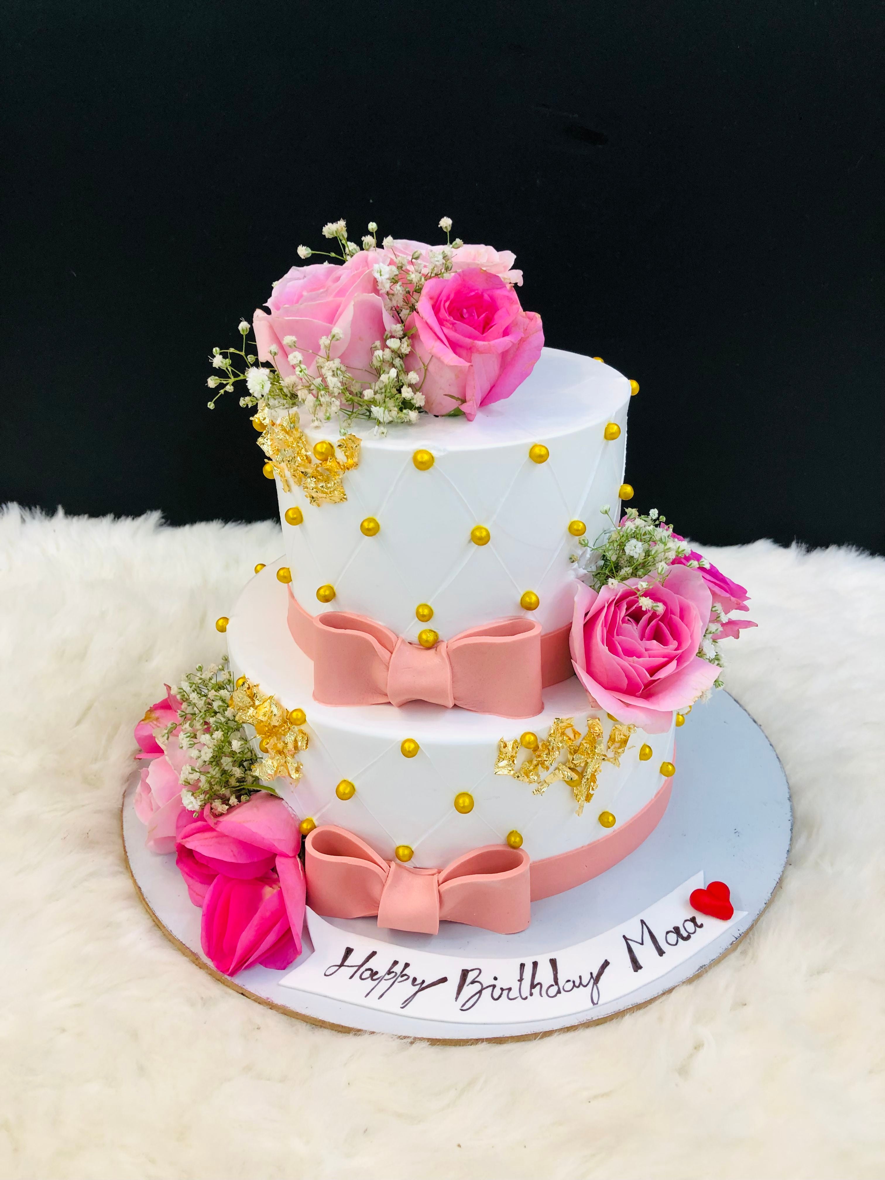 Pink Roses Gold Pearls Ribbon Bows two-tires cake