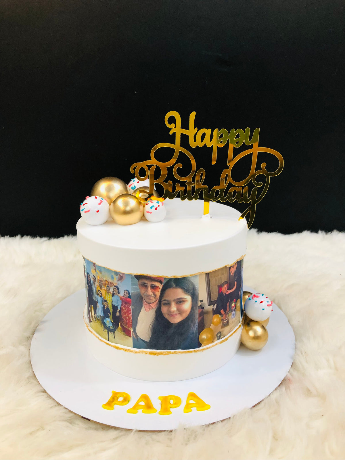White with Gold Spheres, Photo Collage Wrap cake