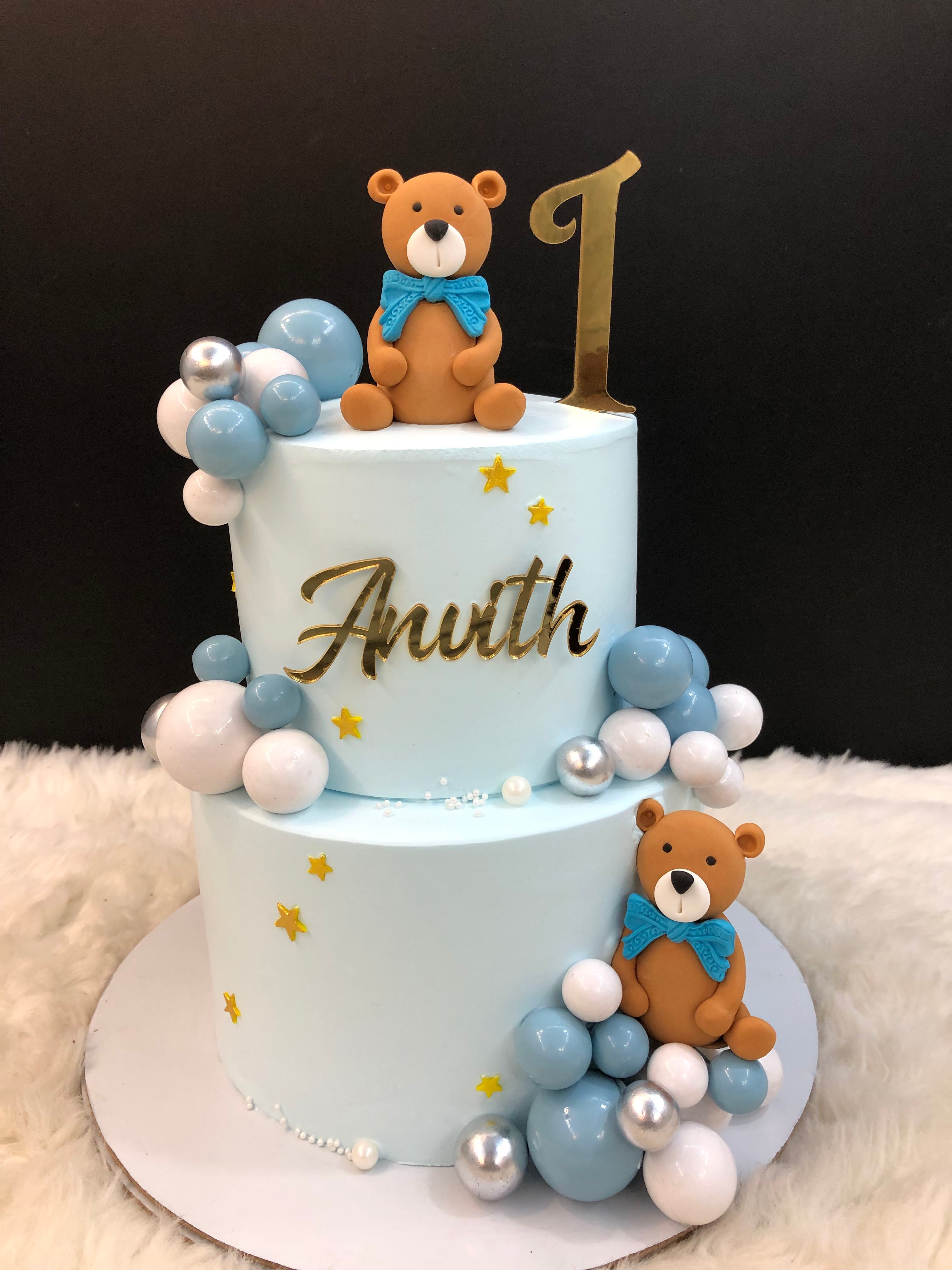 Light Blue Two-Tier with Teddy Bears Cake