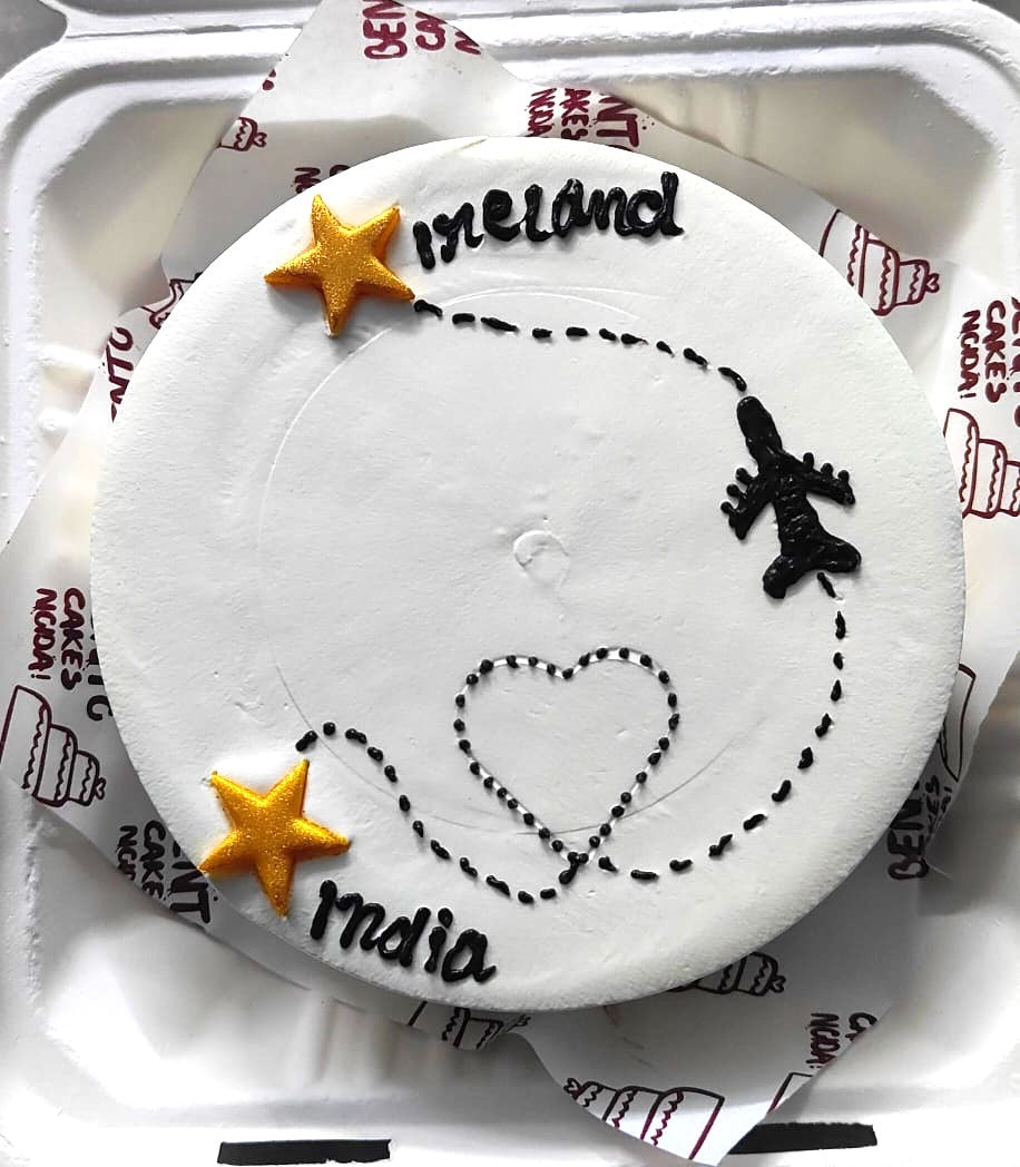 An India to Ireland travel theme white bento cake.
