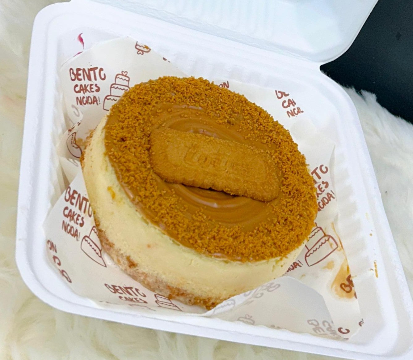 An elegant Lotus Biscoff Cheesecake Bento in a white takeaway container, topped with a smooth layer of Biscoff spread, crushed Biscoff cookies, and edible golden accents on a premium parchment liner with side view.
