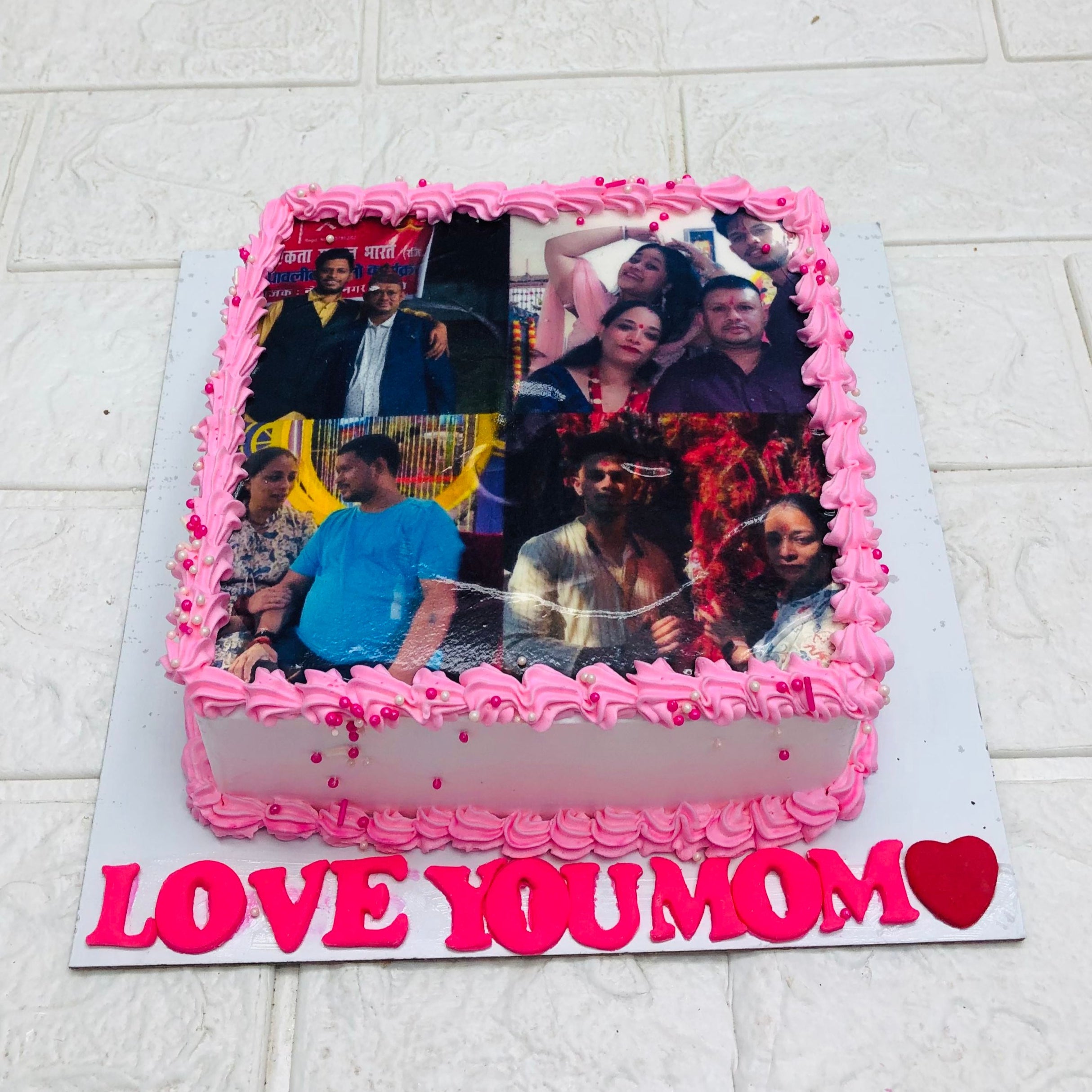 A delightful cake showcasing a family picture, ideal for birthdays or gatherings, celebrating love and togetherness.