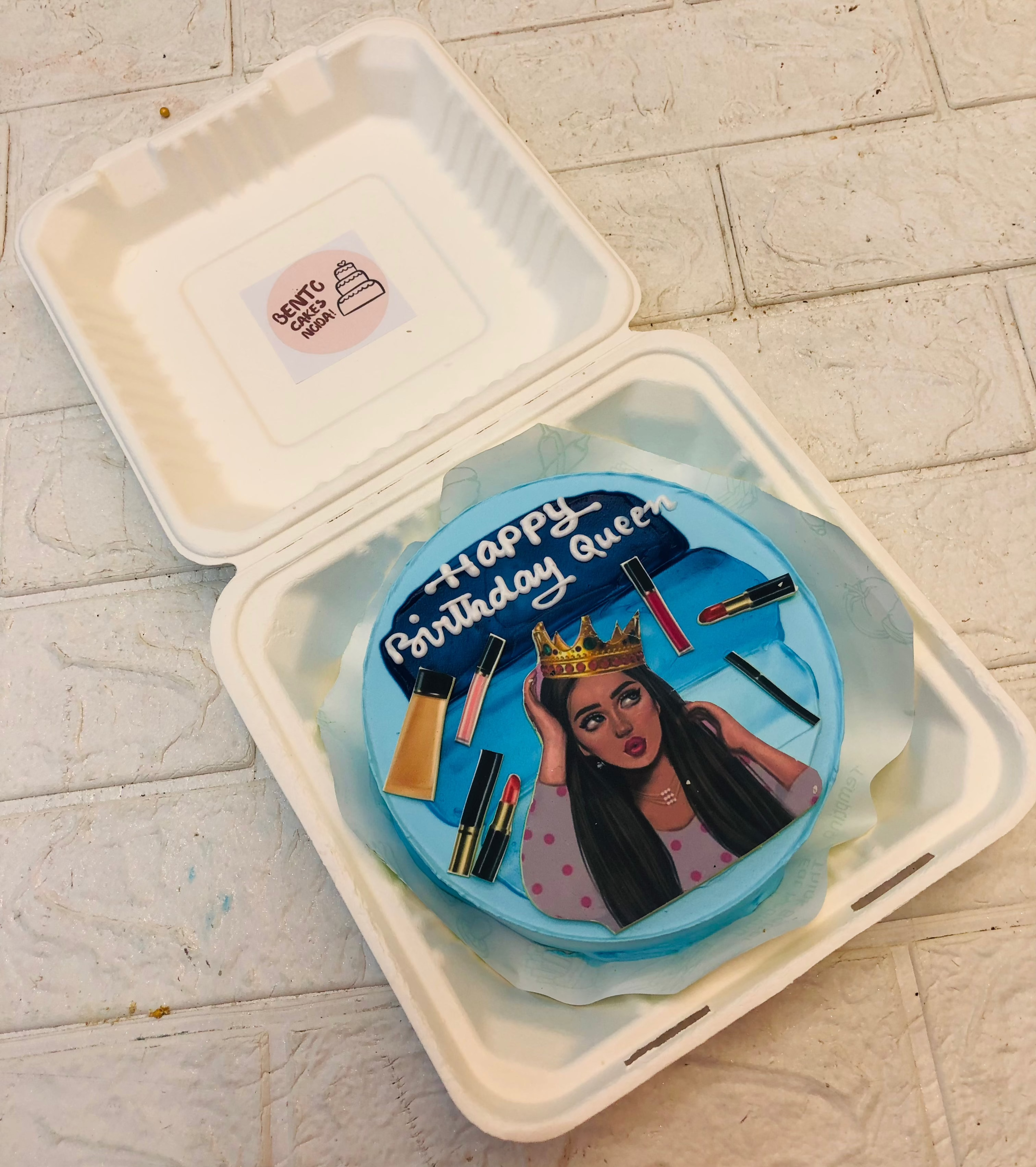 A light blue bento cake designed for birthday queen who is also a makeup lover.