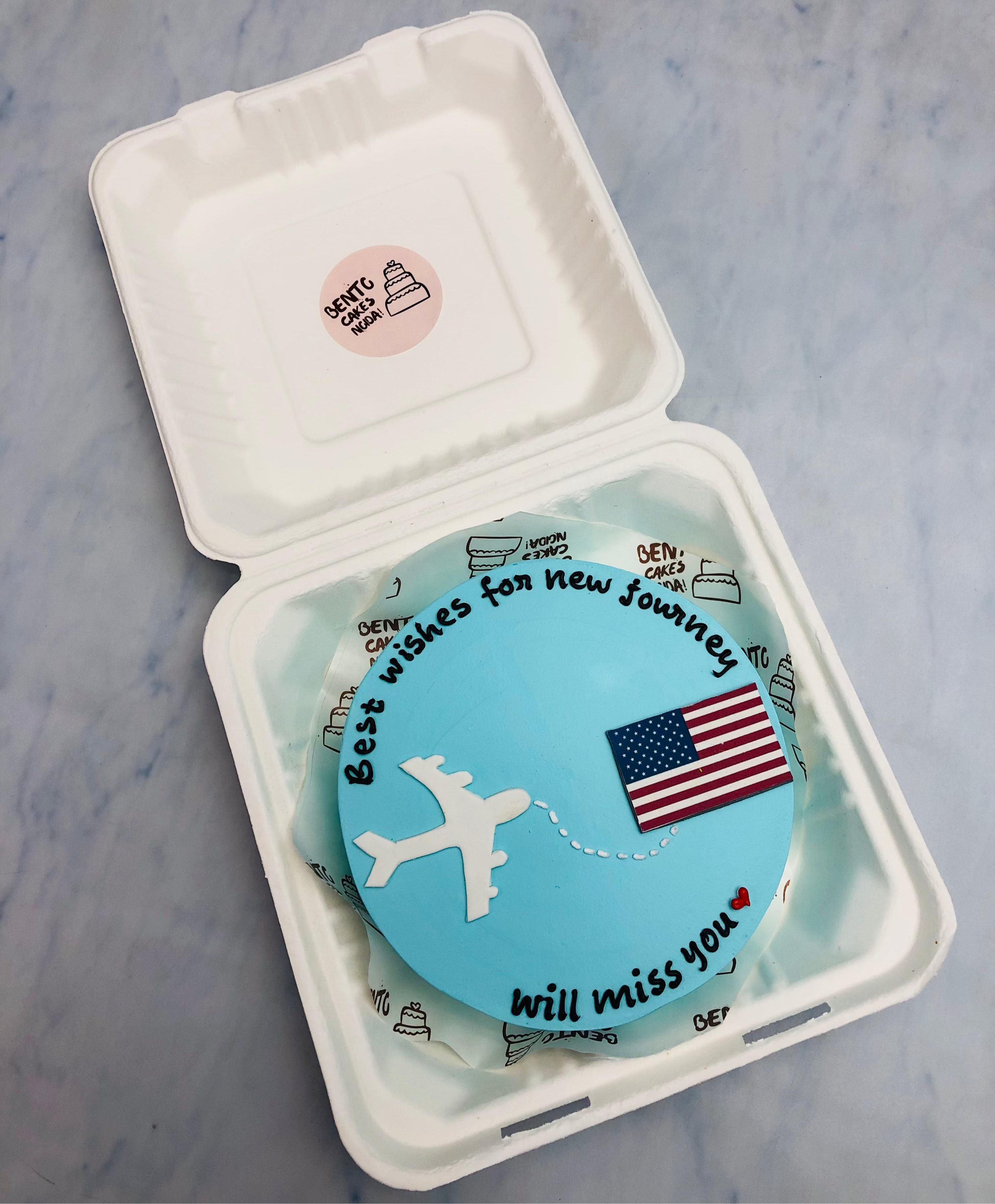 A light blue bento cake designed for celebrating new journey with an american flag and fondant flight design with missing text.