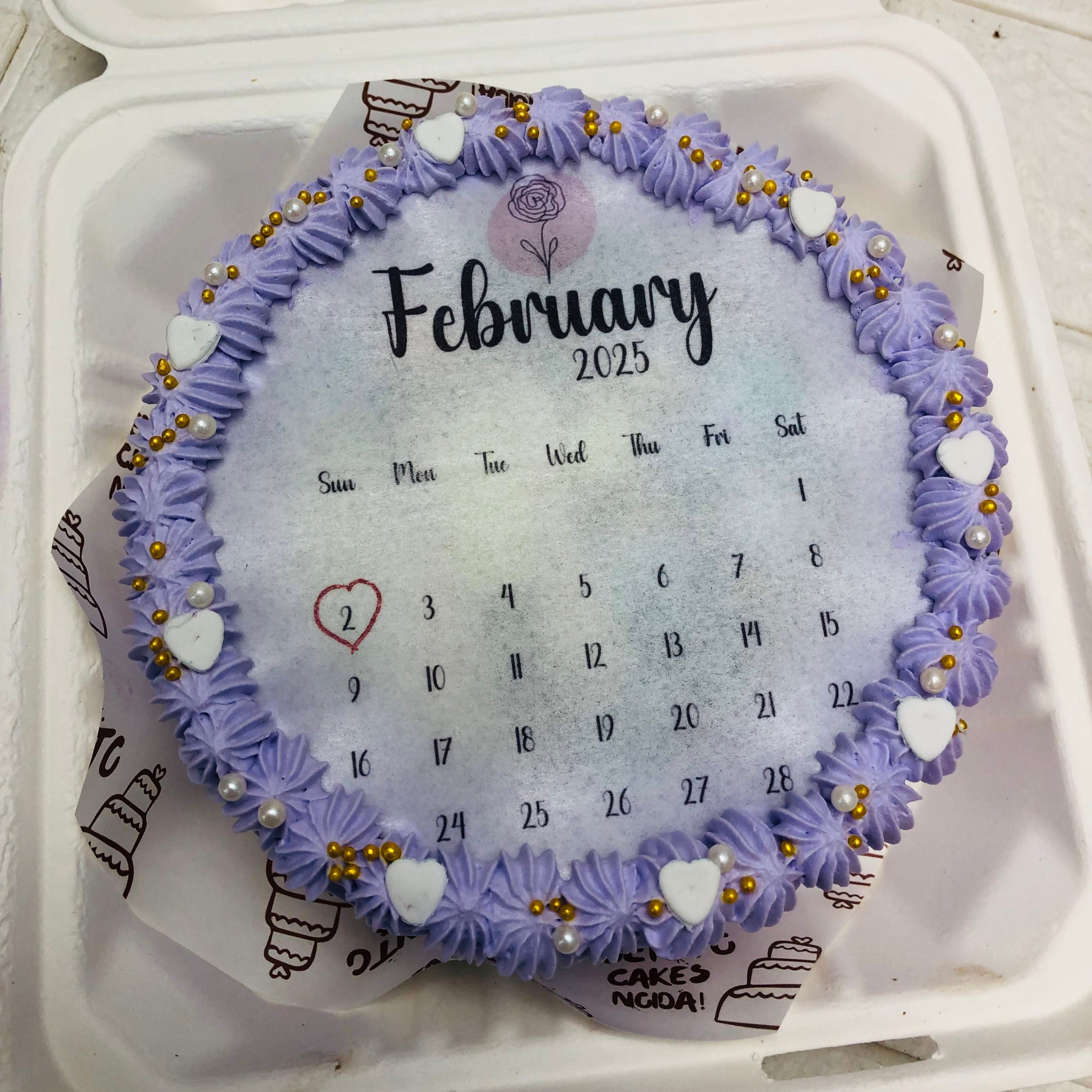 Personalized February 2025 Calendar Bento Cake with Lavender Frosting