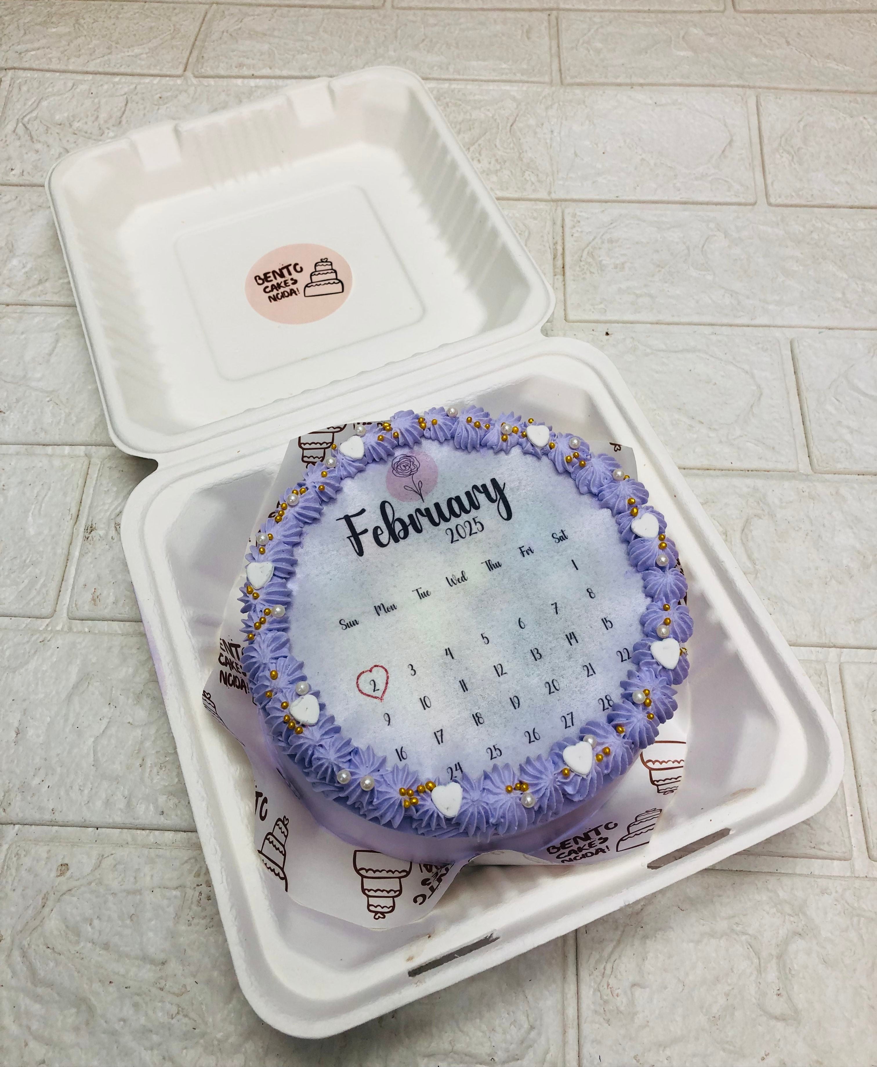 Personalized February 2025 Calendar Bento Cake with Lavender Frosting in a box