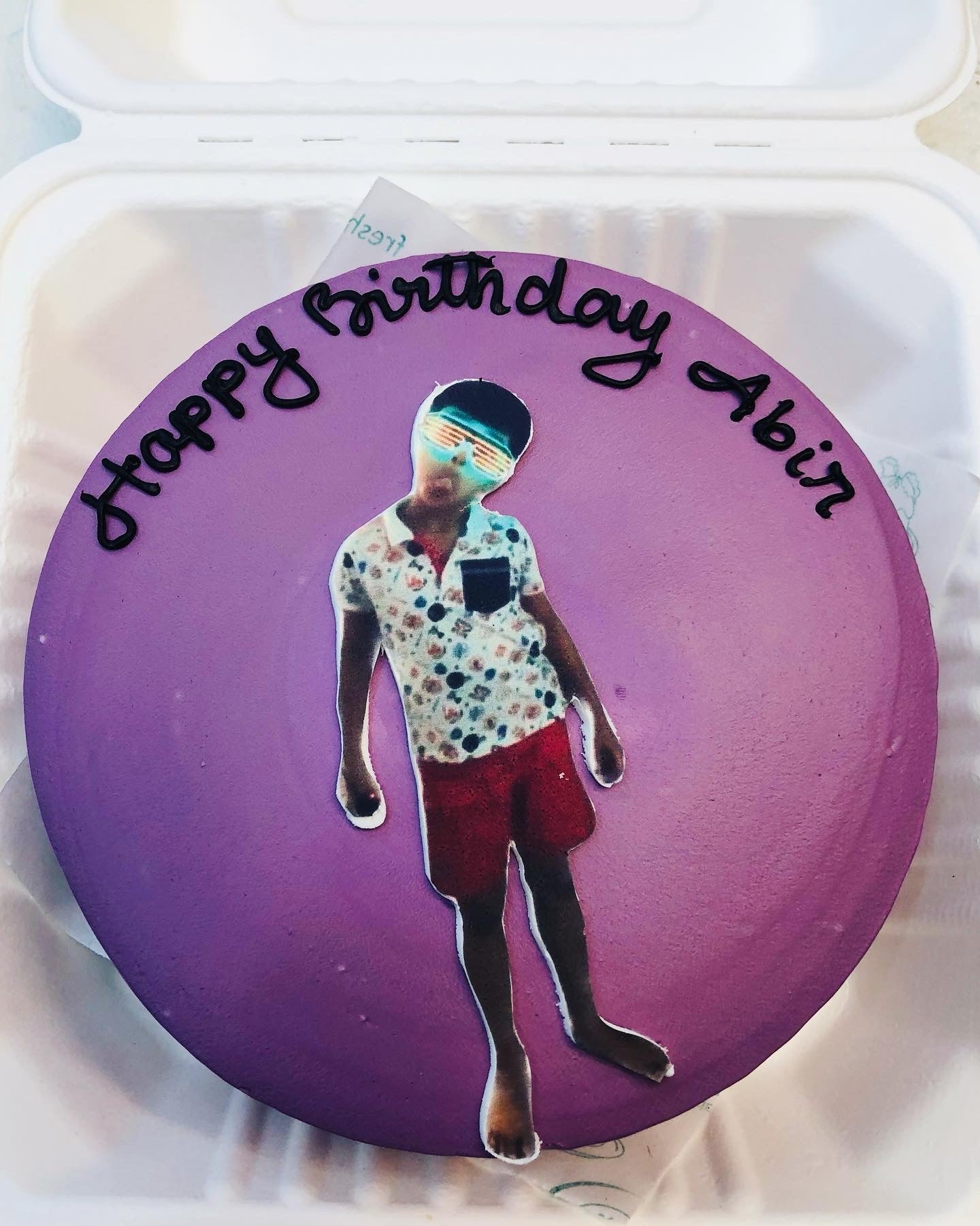 This Purple color bento cake is designed for birthday occasions, the photo of birthday person is placed on the top of cake in sicker design.