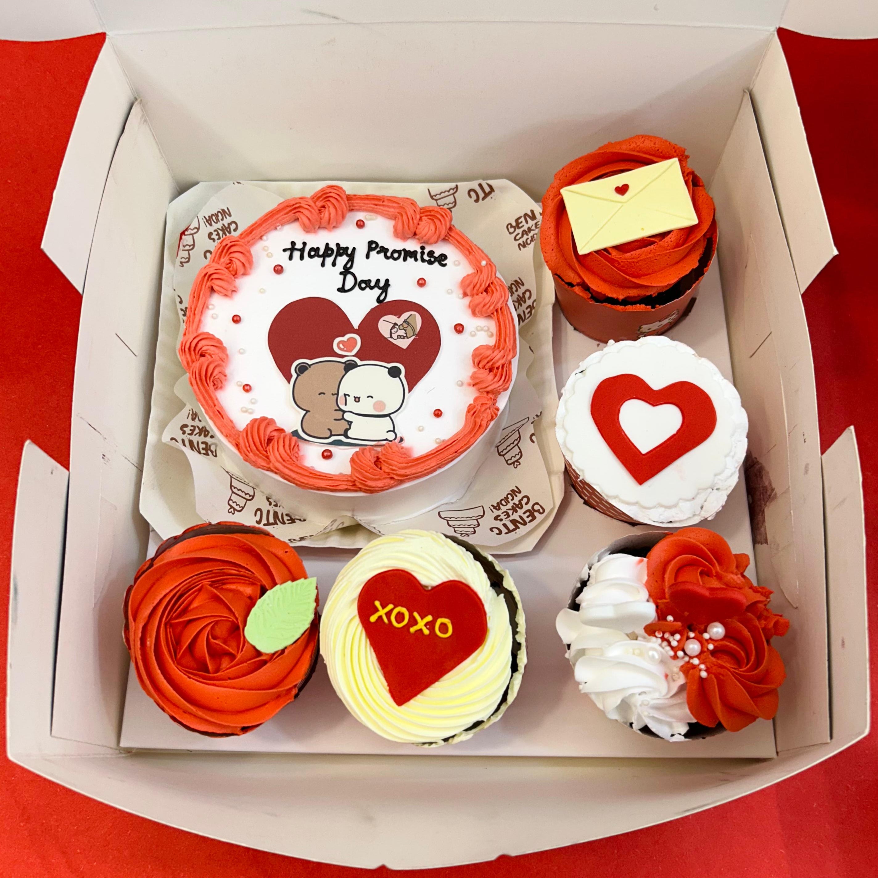 A delightful box of cupcakes featuring a heart and a teddy bear, perfect for Promise Day celebrations.