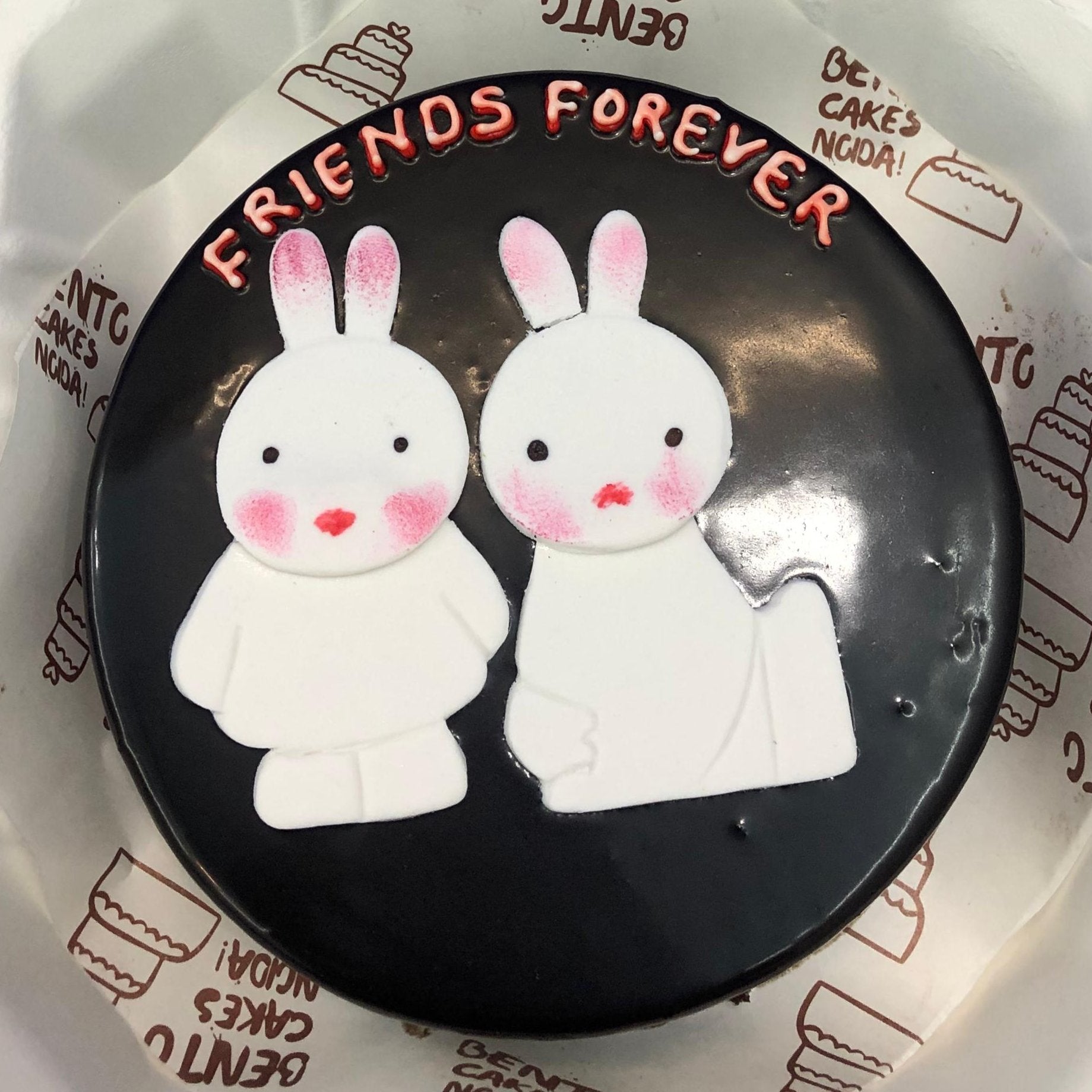 A chocolety black bento cake showing two rabbit friends design with front view.