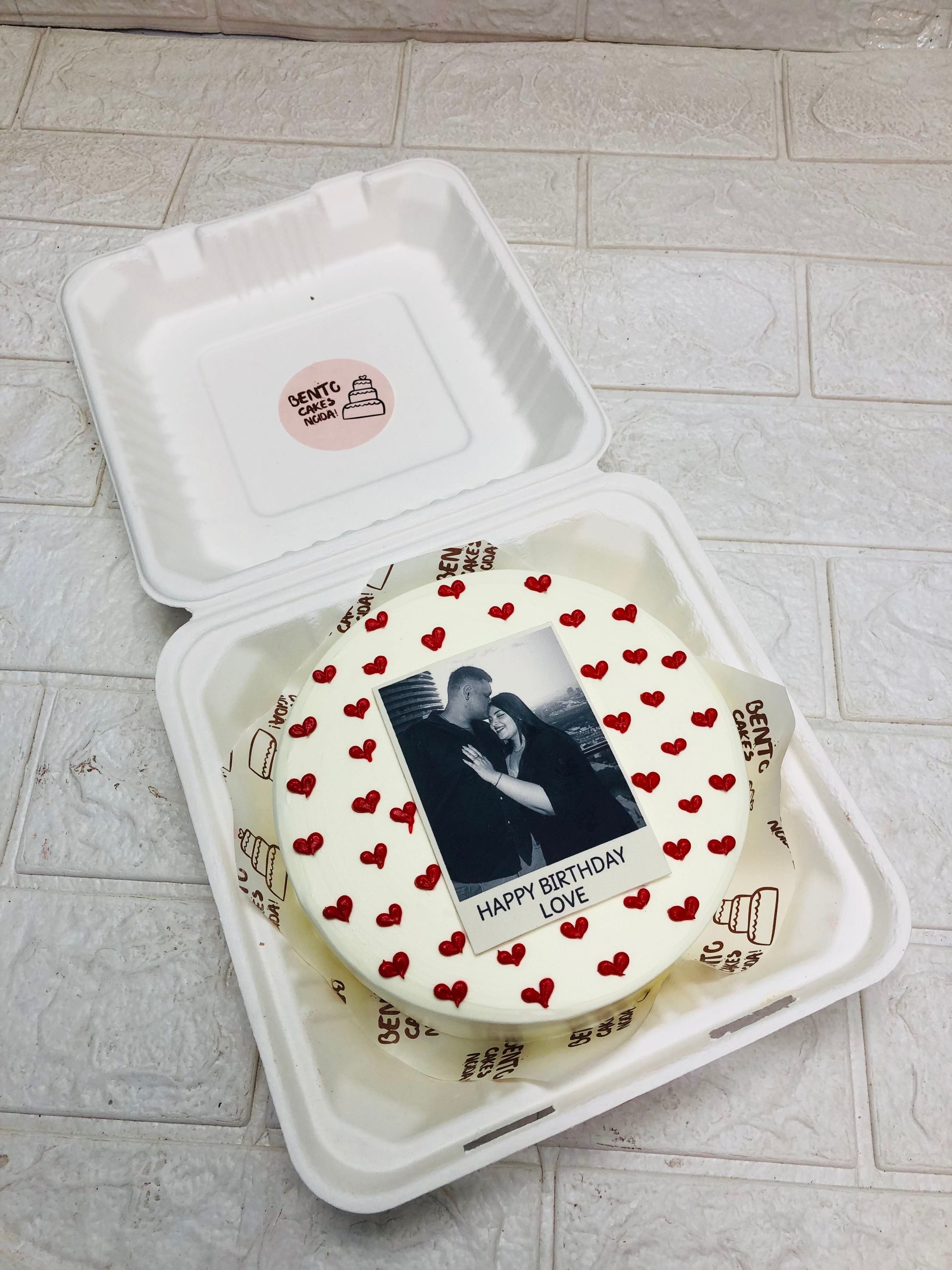 Romantic Heart-Decorated Bento Cake with Personalized Photo in a box