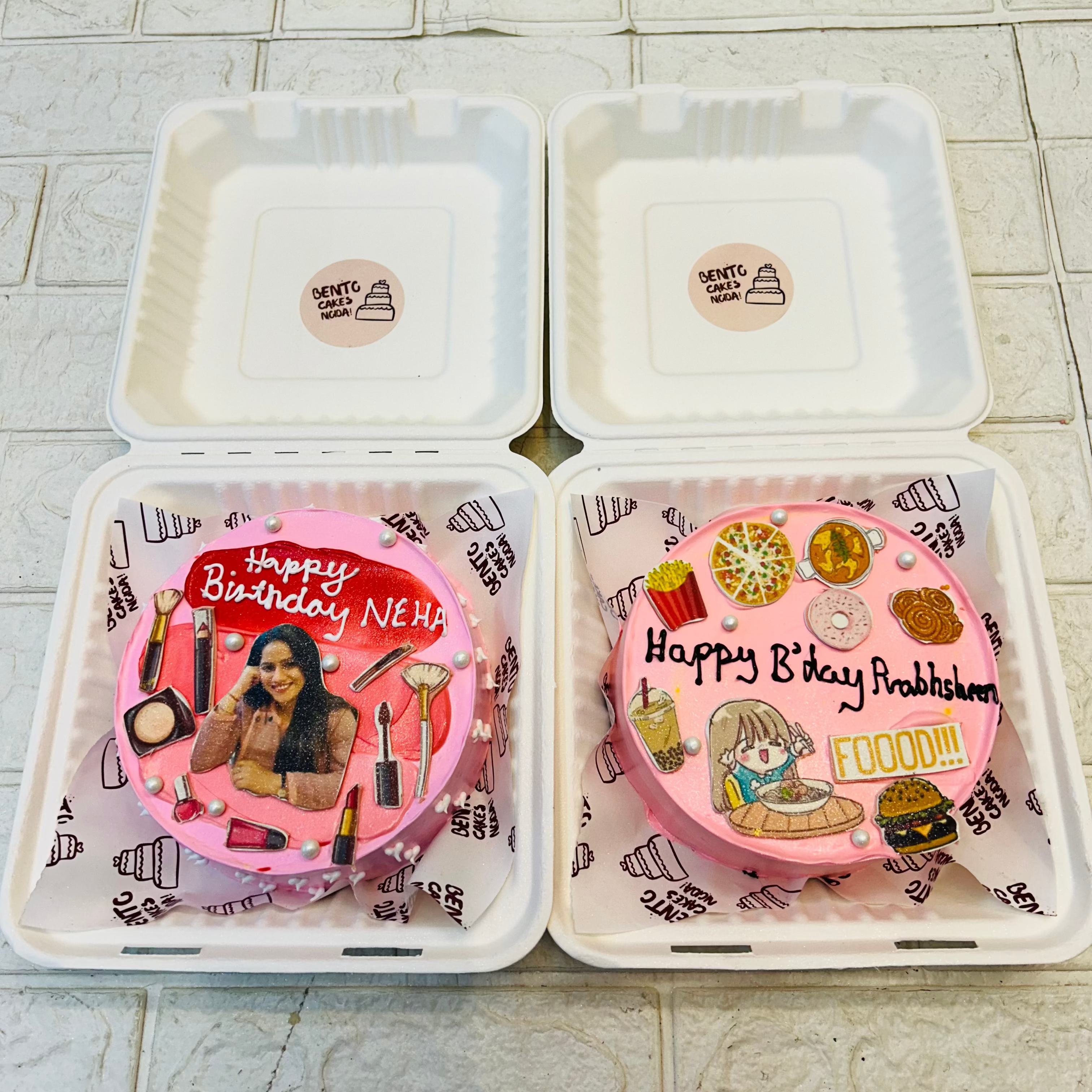 Set of 2 bento cakes is designed with different theme one for makeup lover and another for food lover.