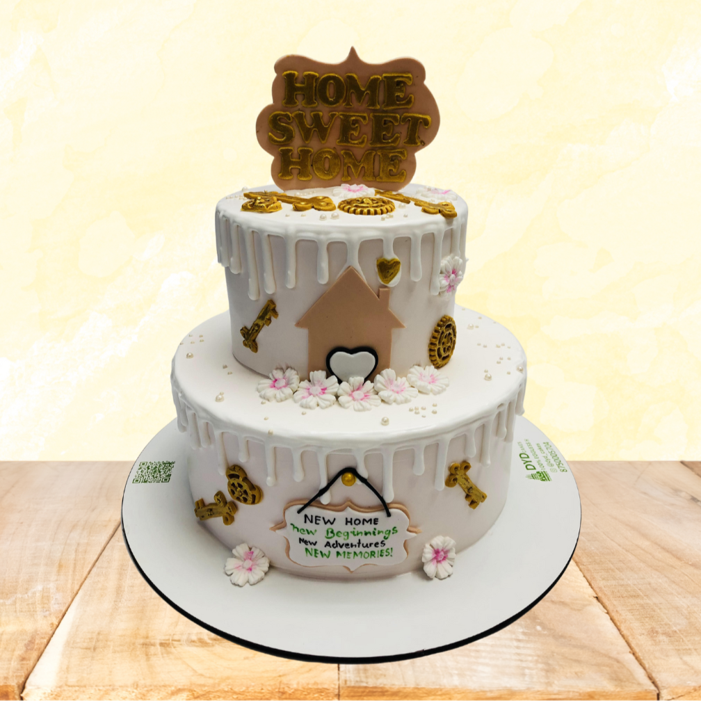 A beautifully decorated cake topped with a charming house, symbolizing celebration and imagination.