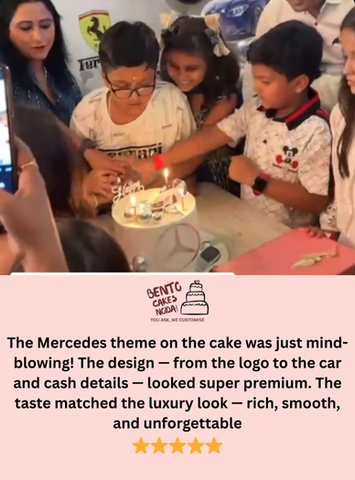 The Mercedes theme on the cake was just mind-blowing! The design — from the logo to the car and cash details — looked super premium. The taste matched the luxury look — rich, smooth, and unforgettable!