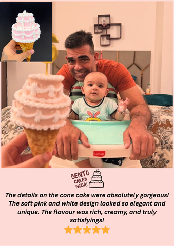 The details on the cone cake were absolutely gorgeous! The soft pink and white design looked so elegant and unique. The flavour was rich, creamy, and truly satisfying