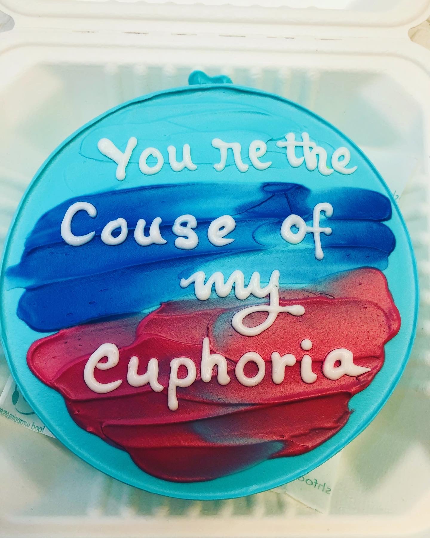 A delightful cake adorned with the words "You're the cause of my euphoria" artistically written across its surface.
