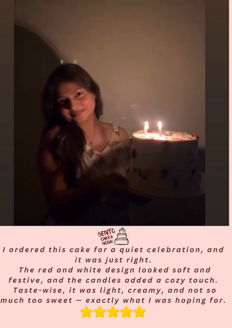 I ordered this cake for a quiet celebration, and it was just right.The red and white design looked soft and festive, and the candles added a cozy touch.Taste-wise, it was light, creamy, and not too sweet — exactly what I was hoping for.