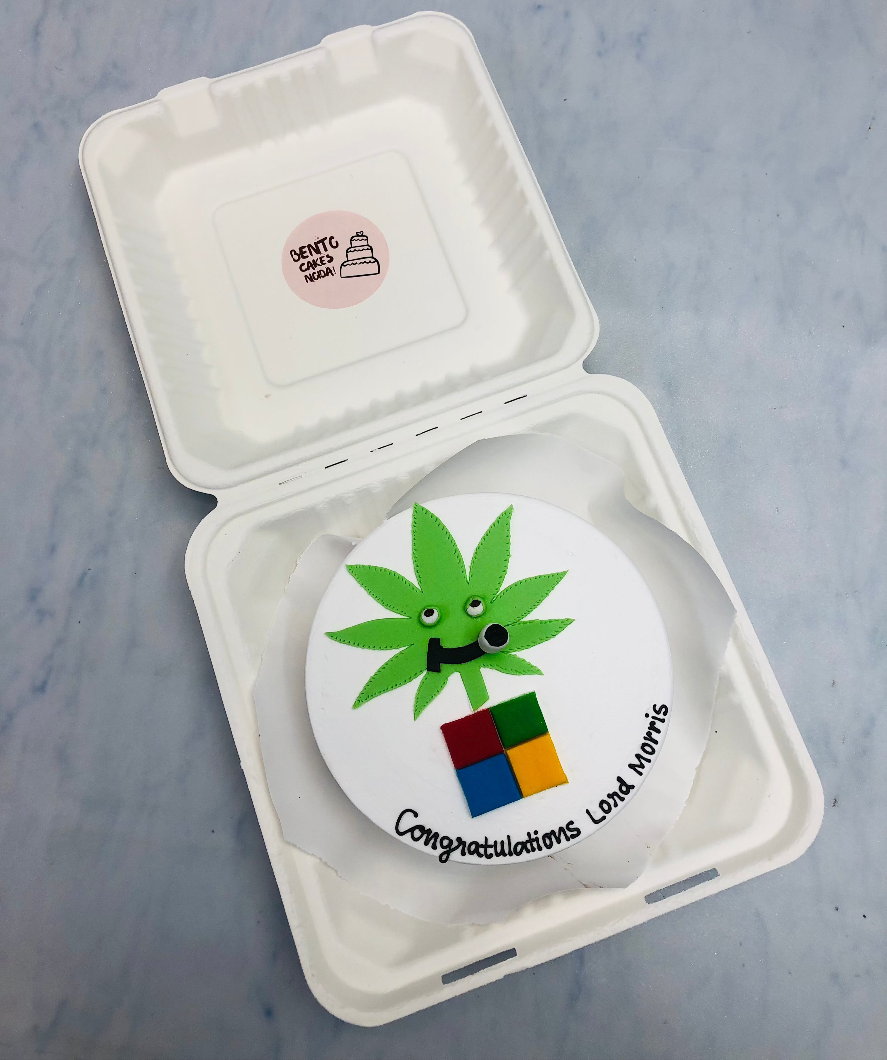 A green weed designed with fondant articles on a white bento cake.