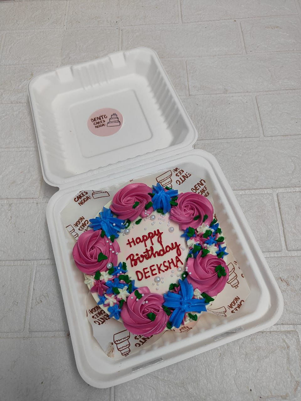 Floral pink blue Birthday Bento Cake