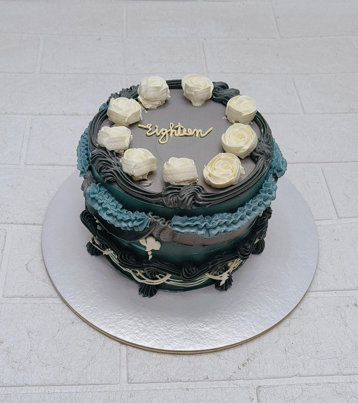 Elegant Black & Teal Vintage Birthday Cake