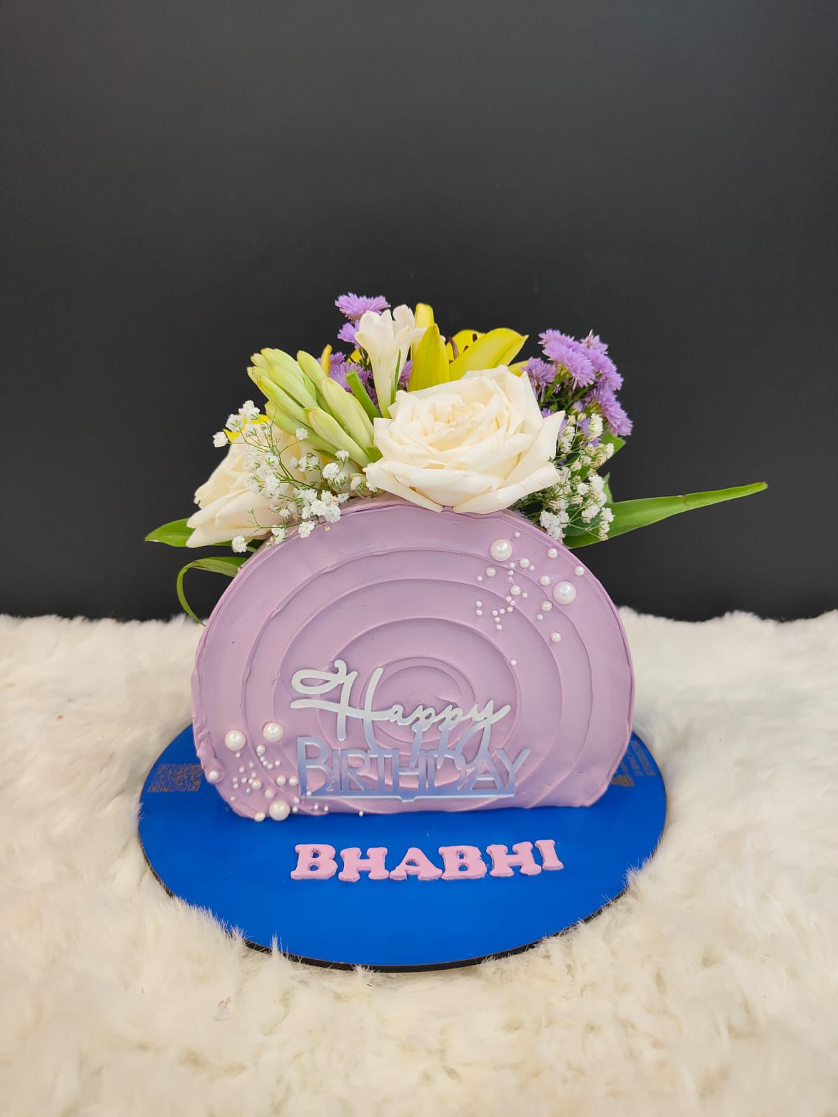 Elegant Floral Birthday Half-Moon Cake