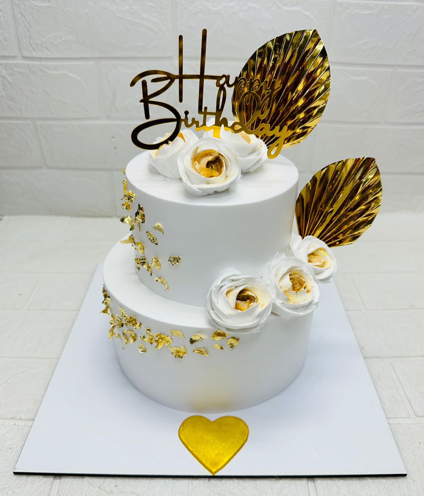 Elegant White & Gold Two-Tier Birthday Cake