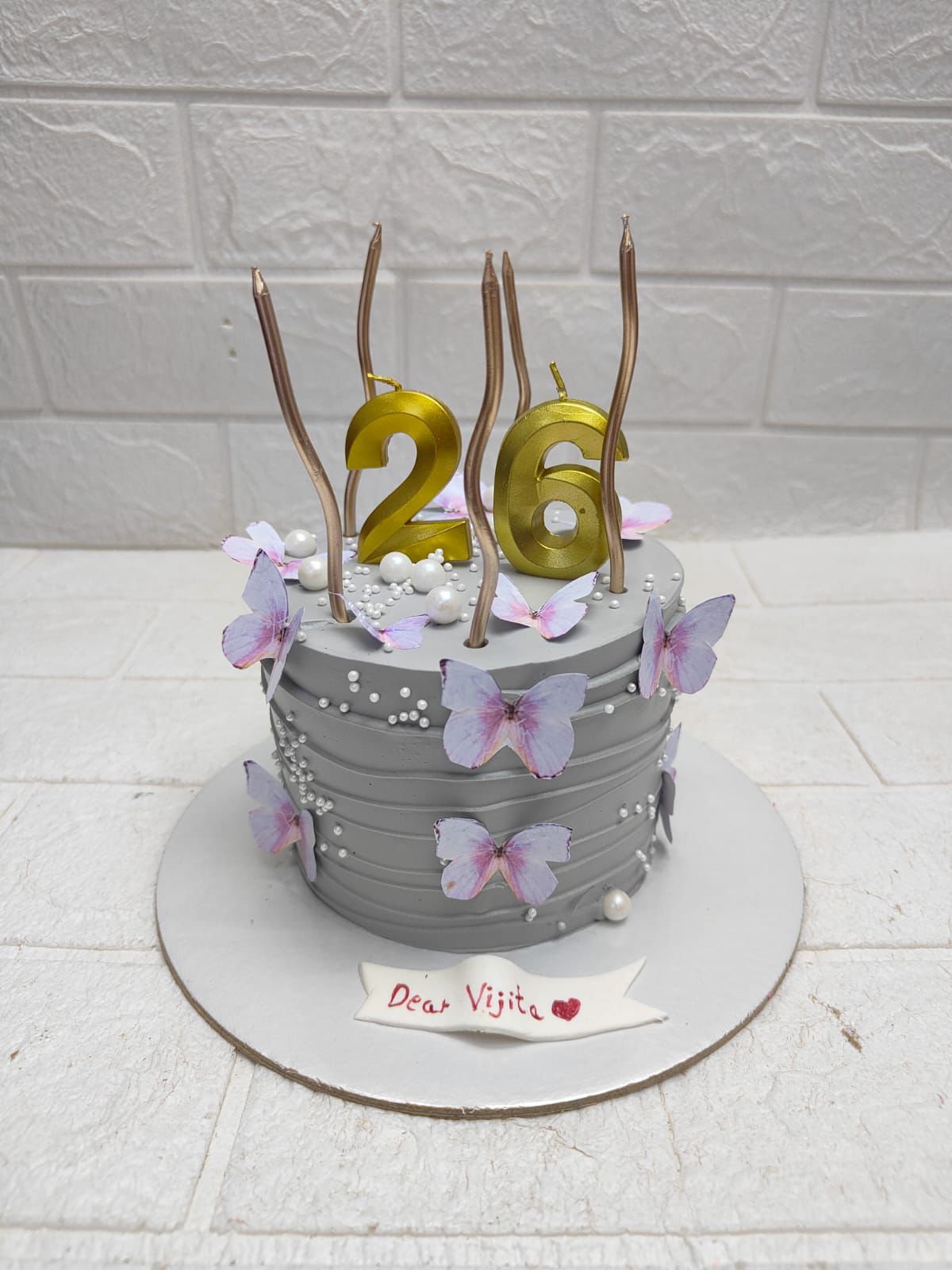 Elegant Grey & Butterfly Birthday Cake