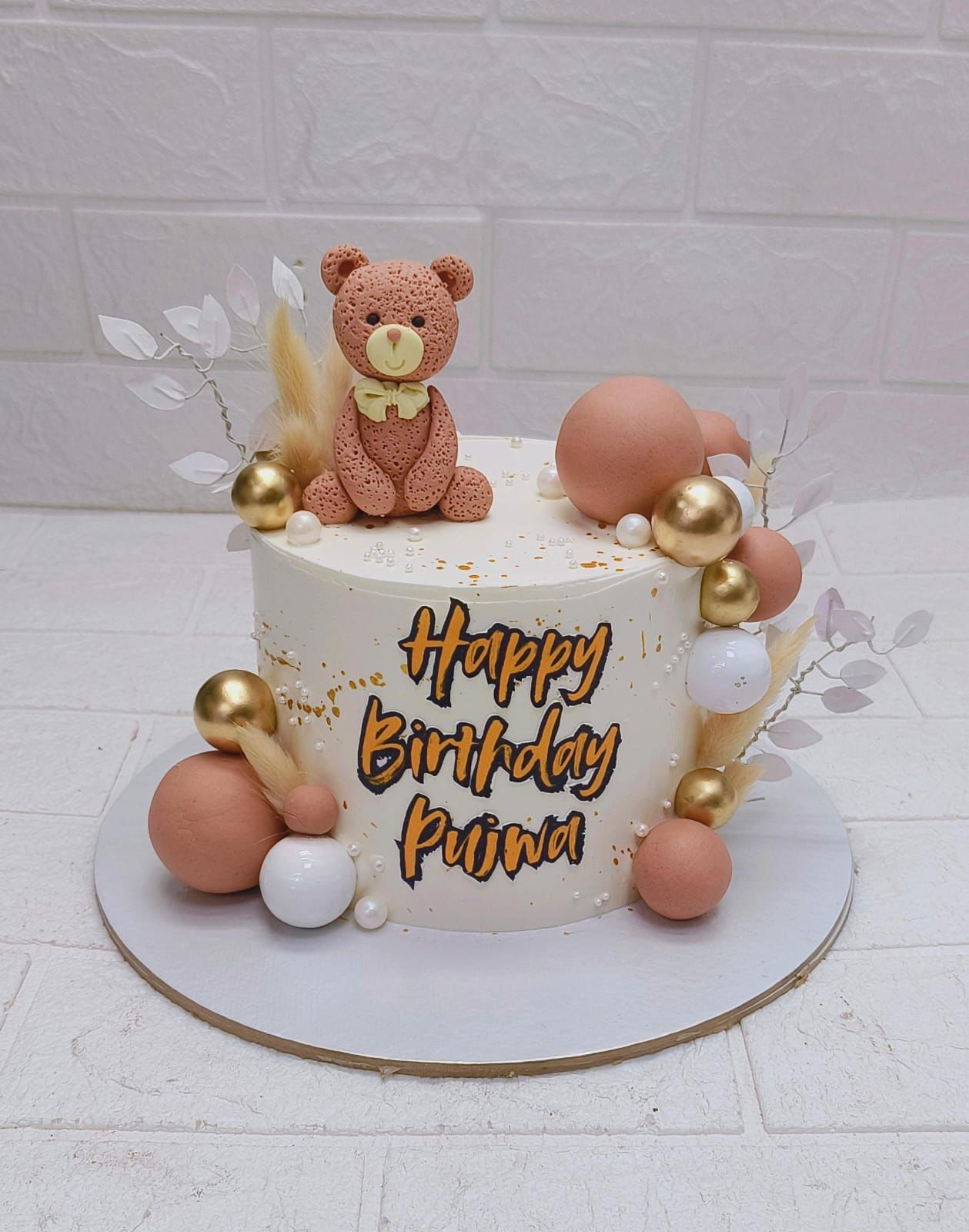 White & Gold Teddy Bear Birthday Cake