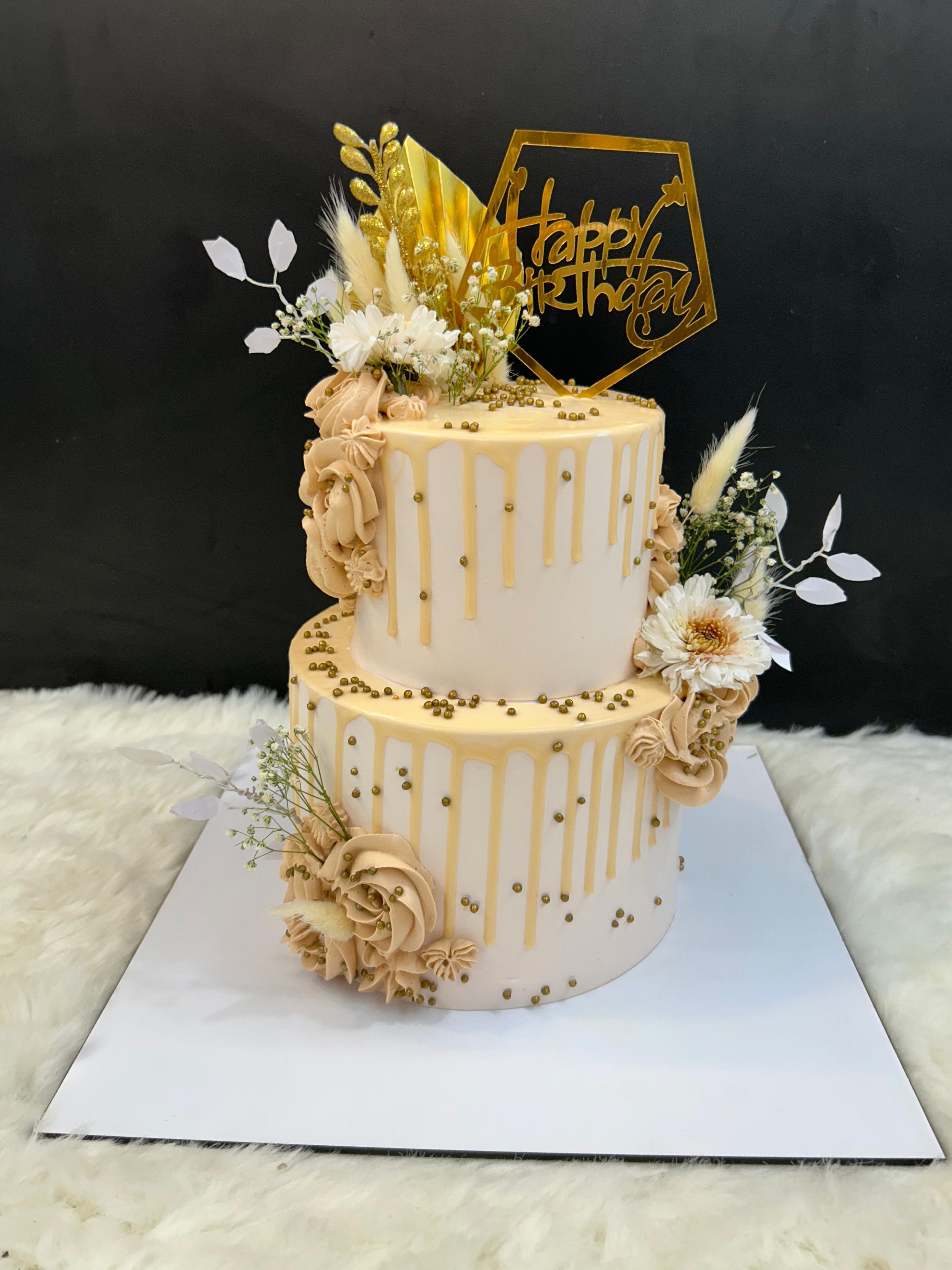 Gold Drip with Beige Florals cake