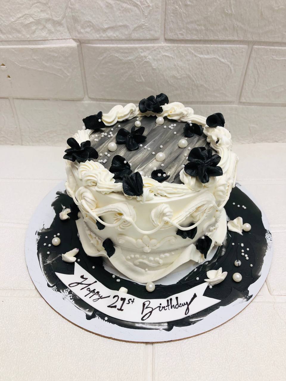 Silver Top with Black & White Florals 21st Birthday Cake