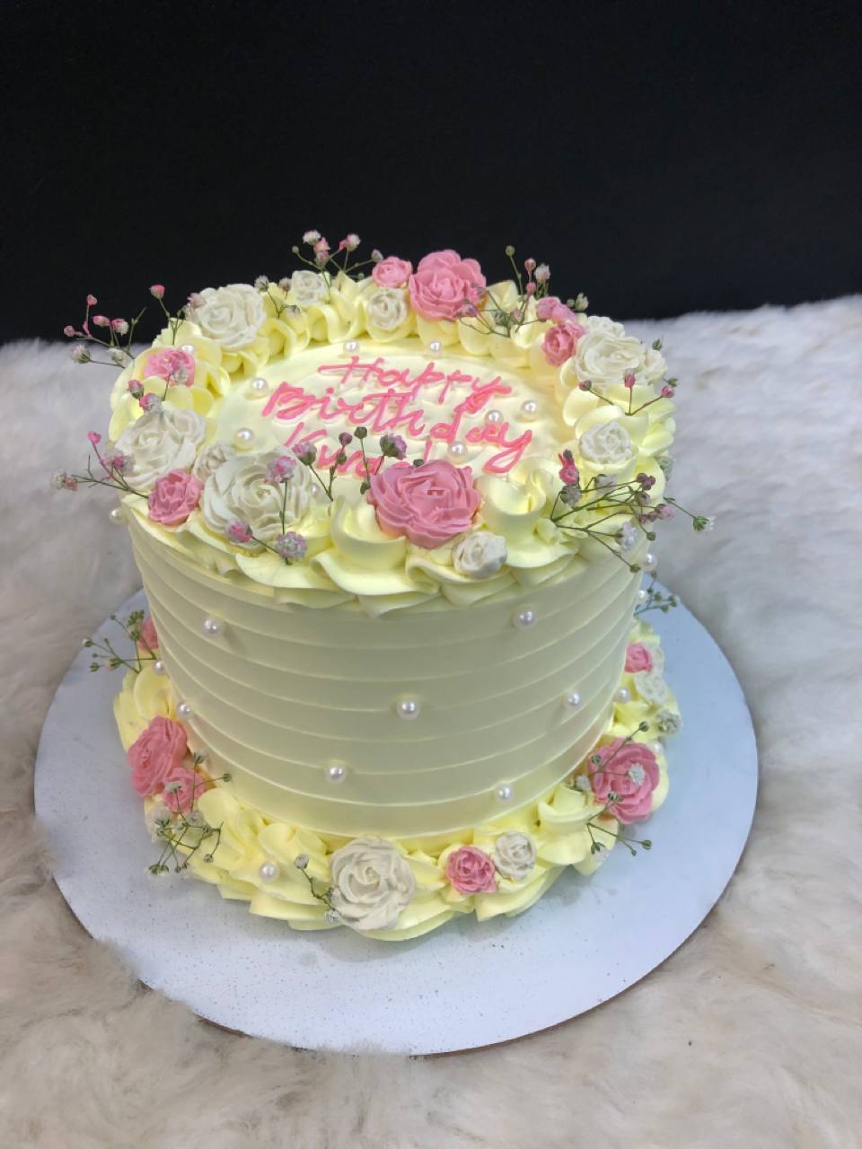 Yellow Base with Pink & White Birthday Cake