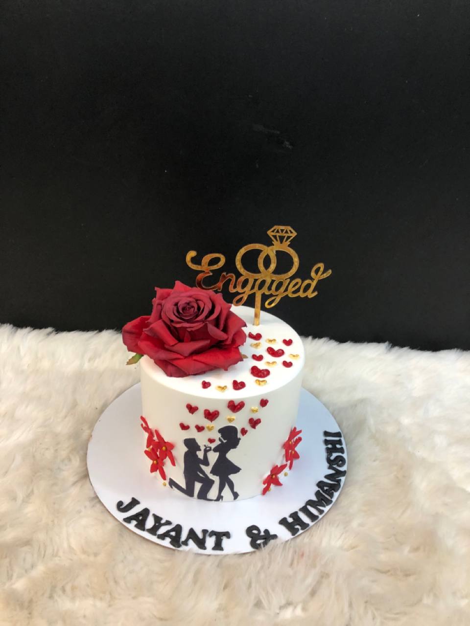 White with Red & Gold Hearts Engagement Cake