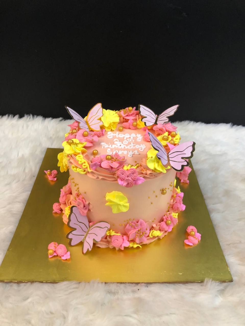 Pink Base with Floral Frosting Butterfly Birthday Cake