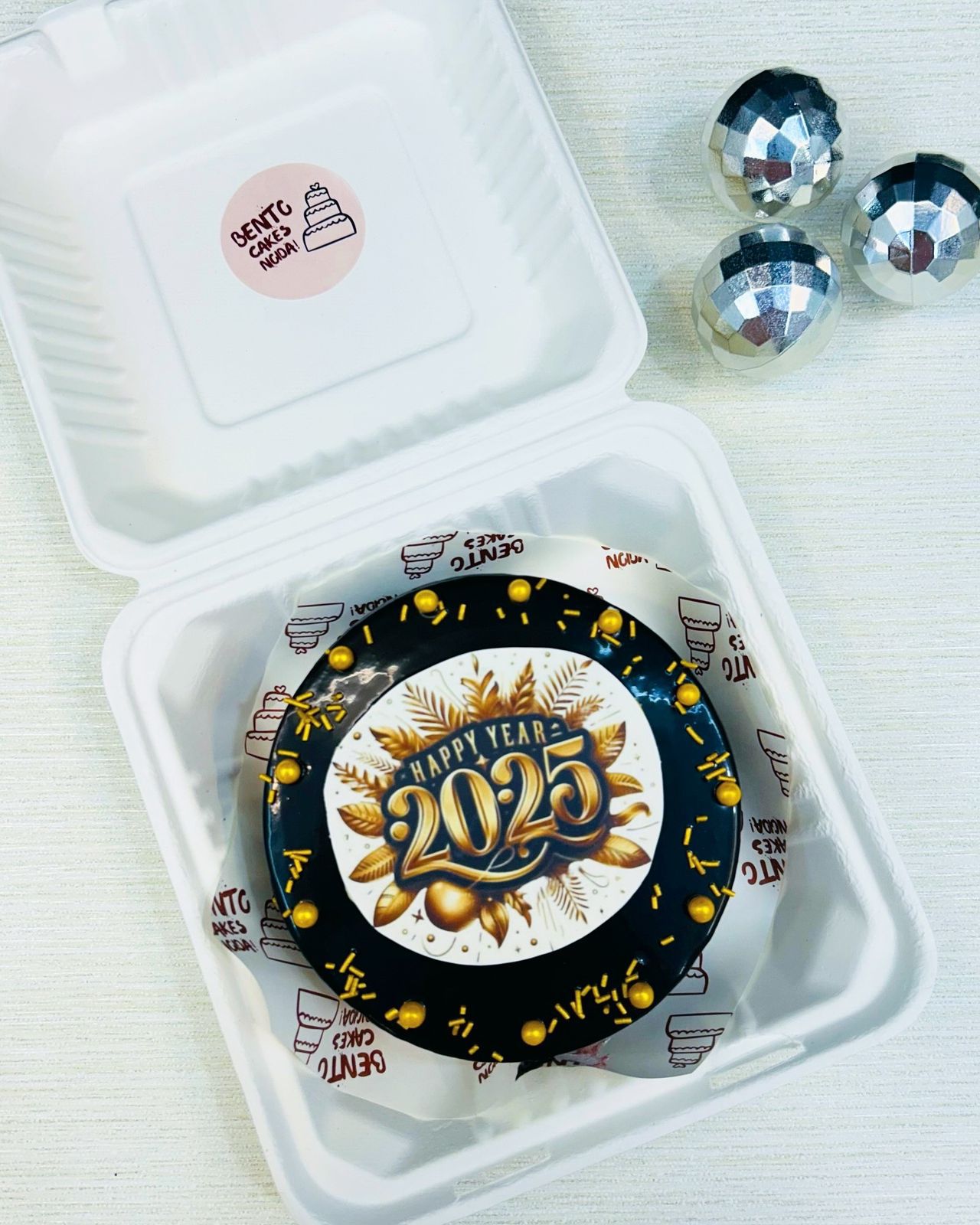 Black Frosting with Gold Topper Happy Year 2025 Bento Cake