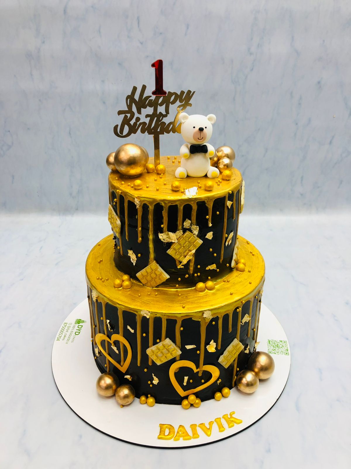 Teddy Theme Black Golden Cake